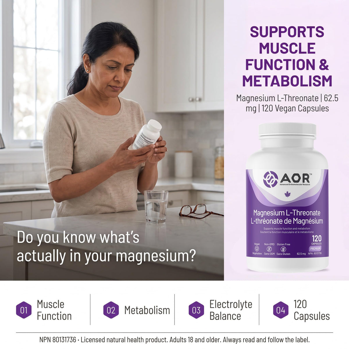 AOR Magnesium L-Threonate, 120 Vegan Capsules — 62.5 mg Elemental Magnesium per Capsule, Single-Ingredient Magnesium Supplement, Non-GMO, Gluten Free, Magnesium Stearate Free
