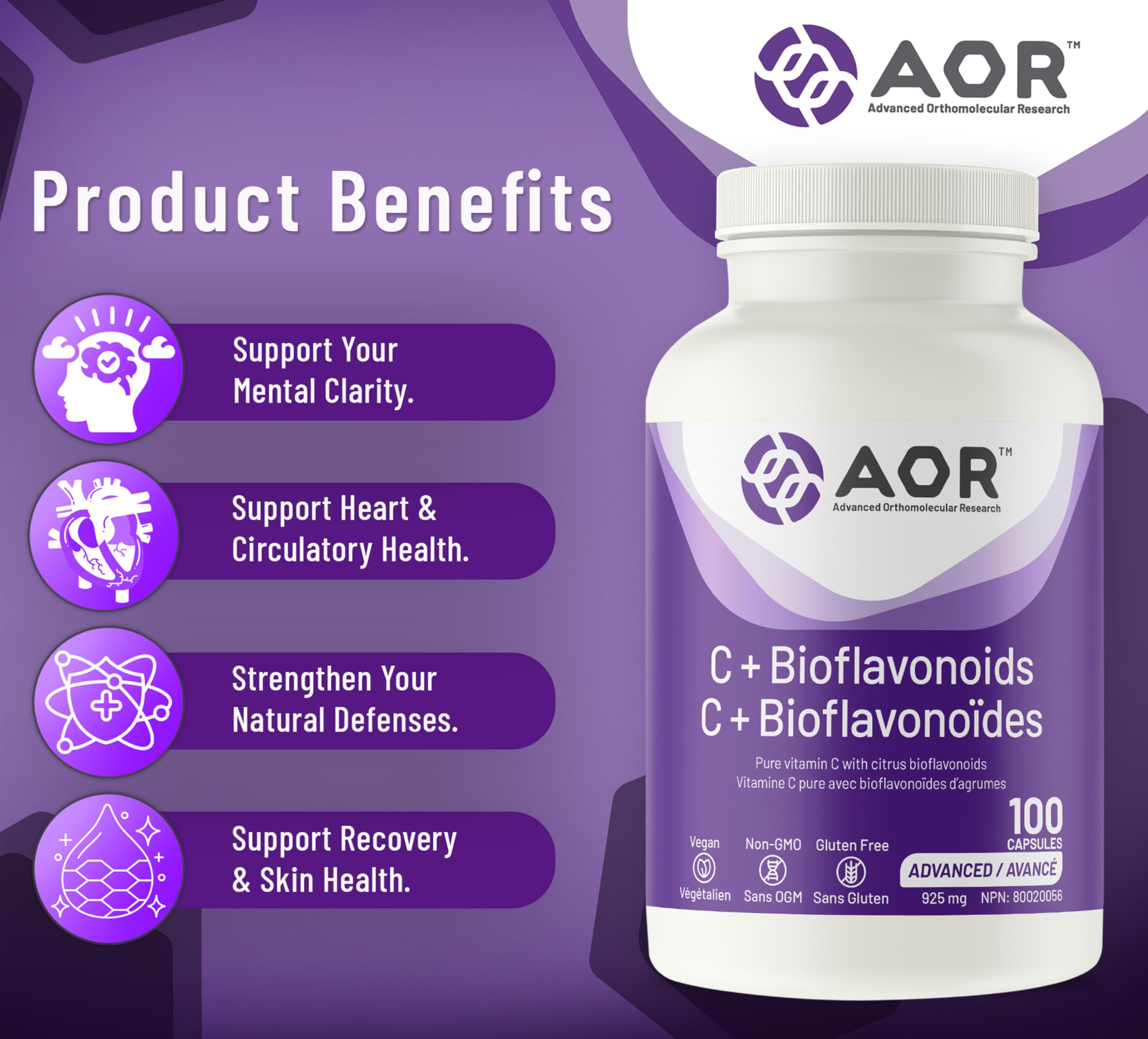 AOR - C+ Bioflavonoïdes 925 mg, 100 capsules - Supplément de vitamine C acide ascorbique avec bioflavonoïdes d'agrumes - Soutien cérébral, santé cardiaque, soutien immunitaire, santé vasculaire et cicatrisation des plaies