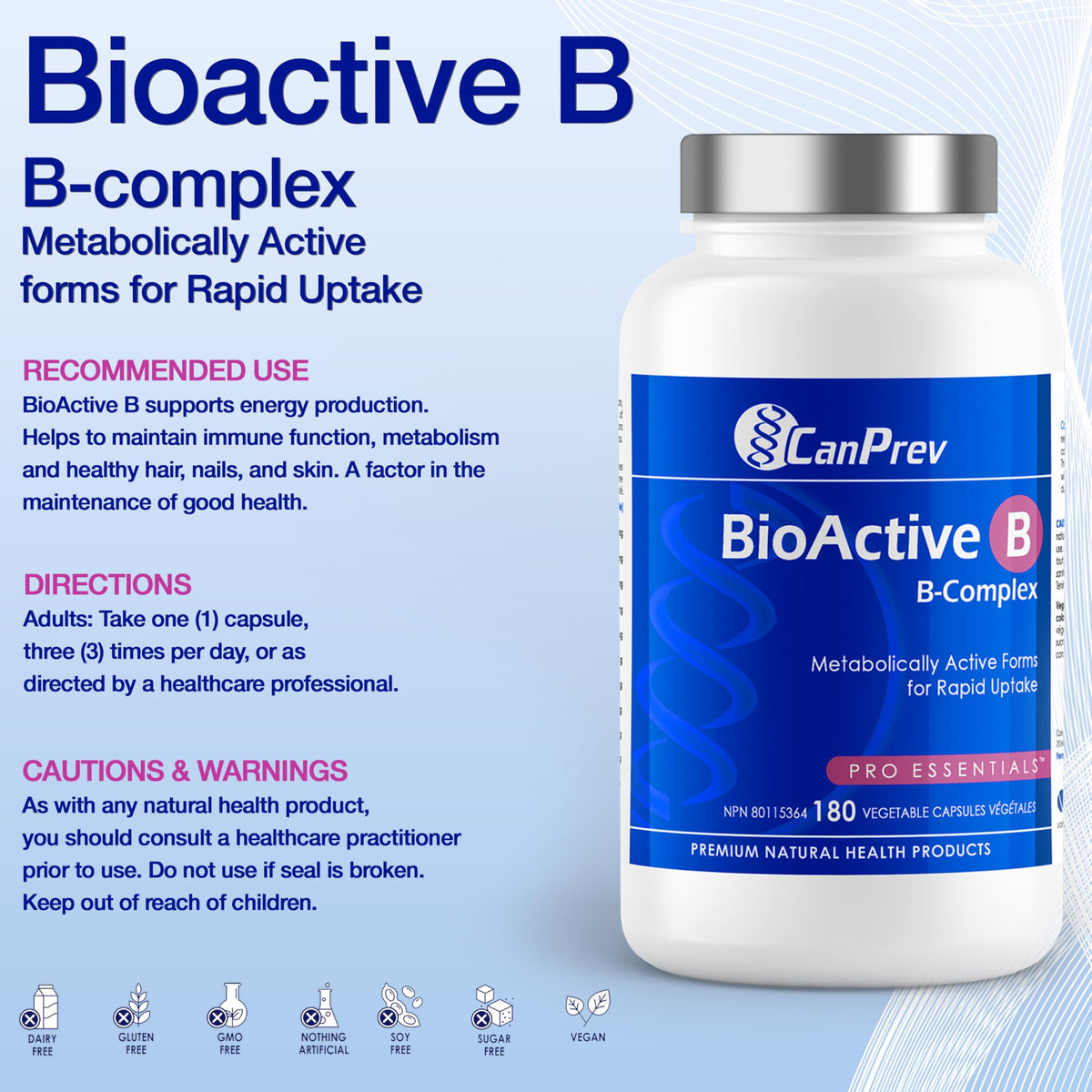 CanPrev BioActive B Complex, Methylated B12, 180 Capsules, 60 Day Supply