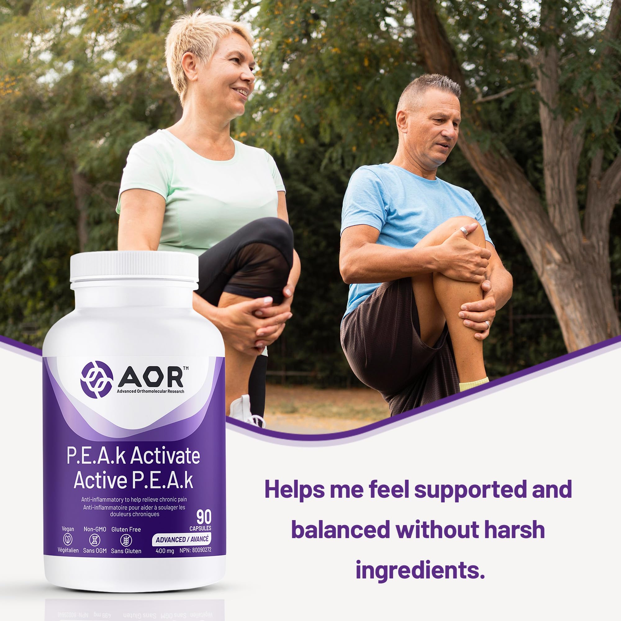 AOR P.E.A.K Activate 400 mg – Supplément de palmitoyléthanolamide (PEA) pour le confort et le bien-être – Sans OGM et végétalien – Supplément de PEA pour un bien-être équilibré et un soutien quotidien