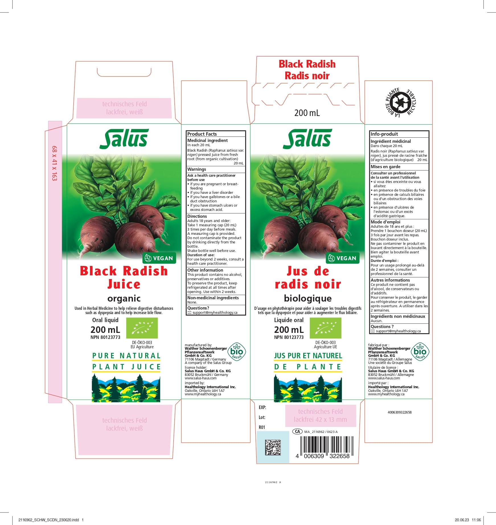 Jus de radis noir SALUS 200 ml - pour le bien-être digestif, le soutien du foie et la santé cardiovasculaire - 100 % pressé à froid, végétalien, sans gluten