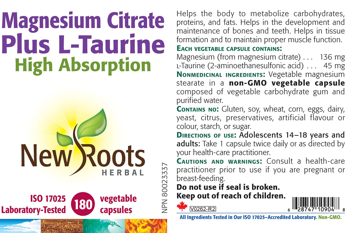 New Roots Herbal Magnesium Citrate L Taurine Caps, 180 Caps, 90 Day Supply