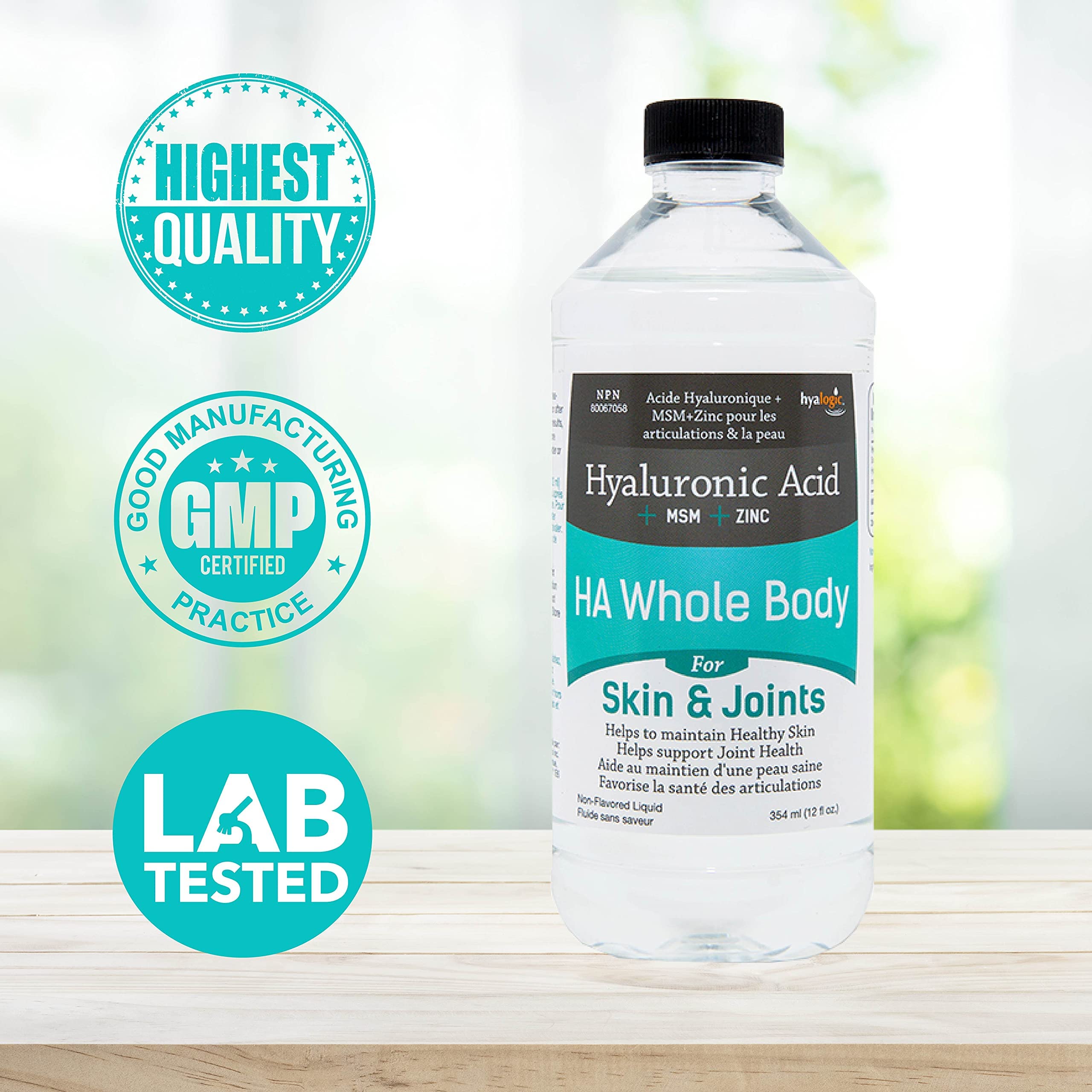 Hyalogic - Acide Hyaluronique Corps Entier Liquide Non Aromatisé 354 ml - Aide à Maintenir une Peau Saine, la Souplesse, la Mobilité et la Santé des Articulations - HA + MSM + Zinc - Soutient l'Hydratation - Végétalien