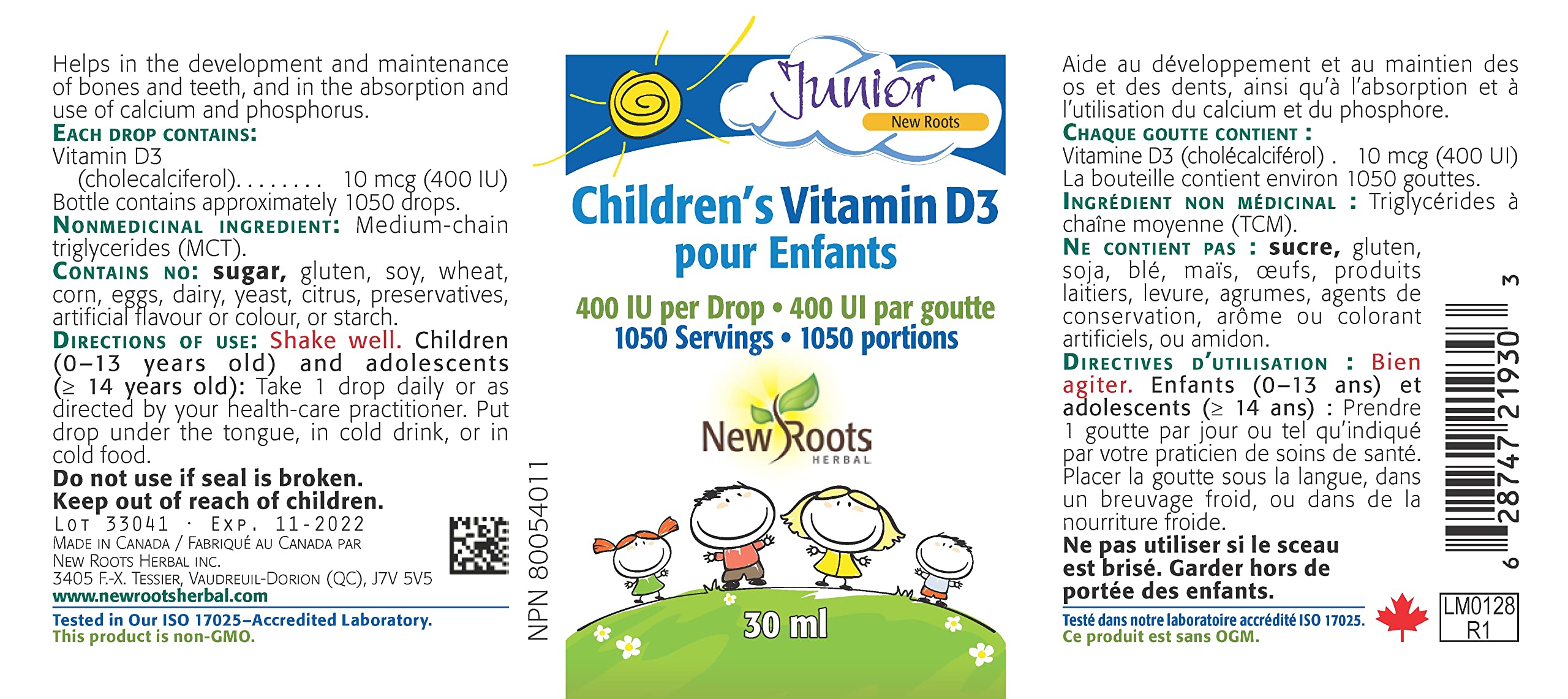 New Roots Herbal Vitamine D3 pour enfants 400 UI en gouttes liquides, 30 ml, 1050 portions, vitamine D quotidienne pour enfants et adultes, aide à maintenir des os solides et le bien-être général, sans OGM, sans sucre et facile à utiliser