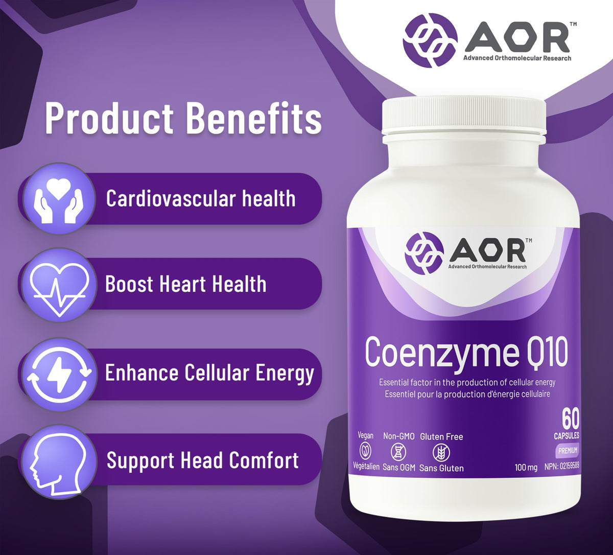 AOR CoQ10 Supplement, Coenzyme Q10, 100 mg, 60 Capsules