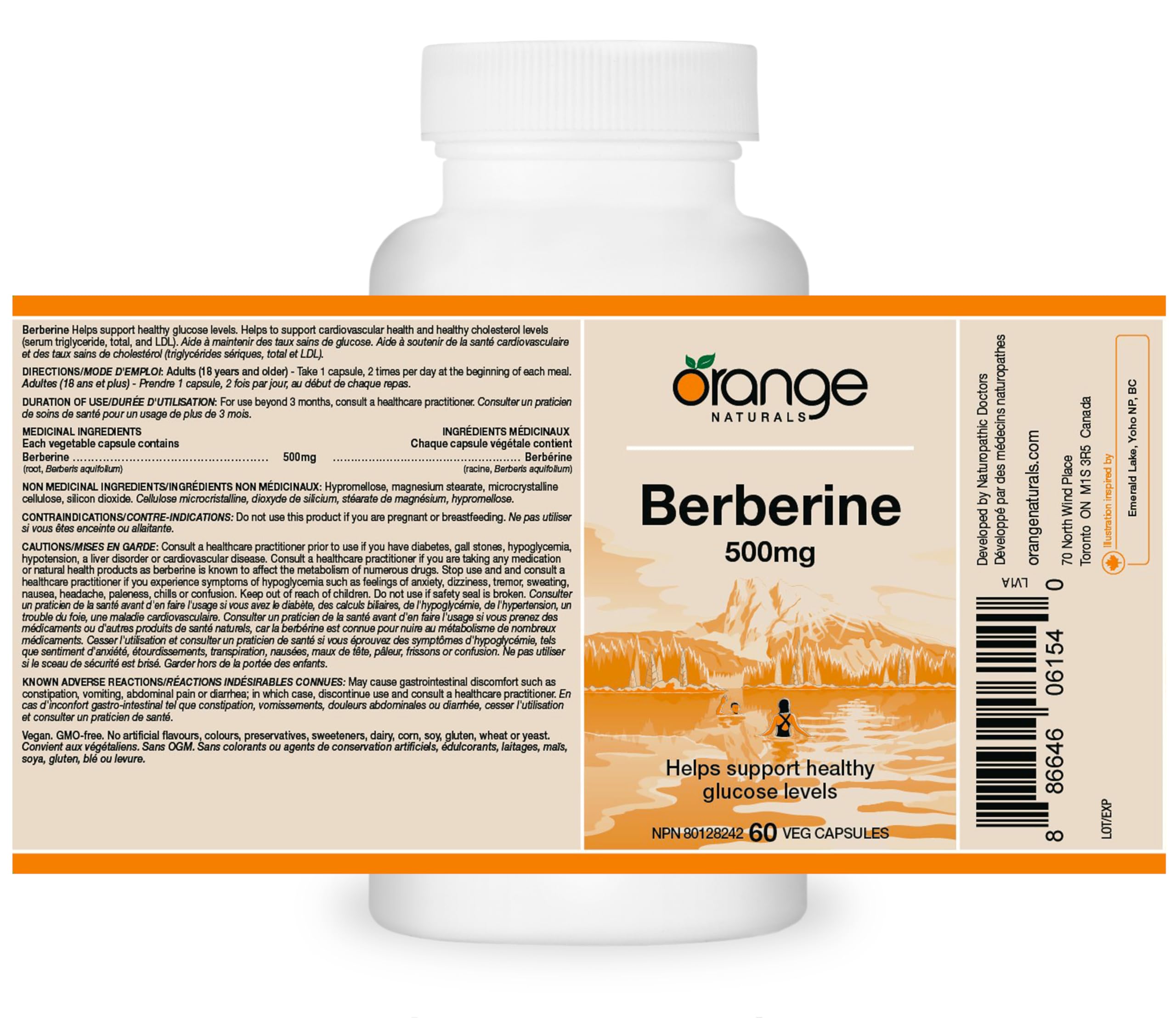 Orange Naturals - Berberine 500mg, 60 gélules (30 jours d'approvisionnement) - La berbérine aide à soutenir des niveaux de glucose sains, des niveaux de cholestérol sains et la santé cardiovasculaire - Végane et sans OGM - Soutien métabolique naturel