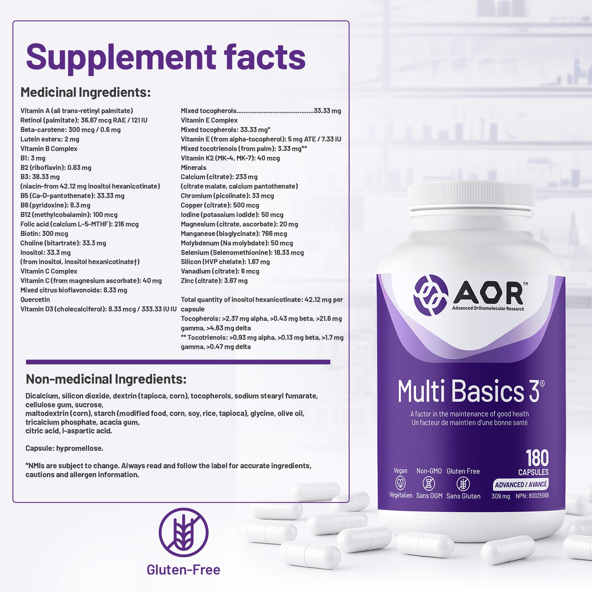 AOR - Multi Basics 3 309mg, 90 capsules - Supplément de minéraux essentiels et de multivitamines pour adultes - Multivitamine quotidienne pour hommes et femmes adultes - Multivitamines et multiméraux