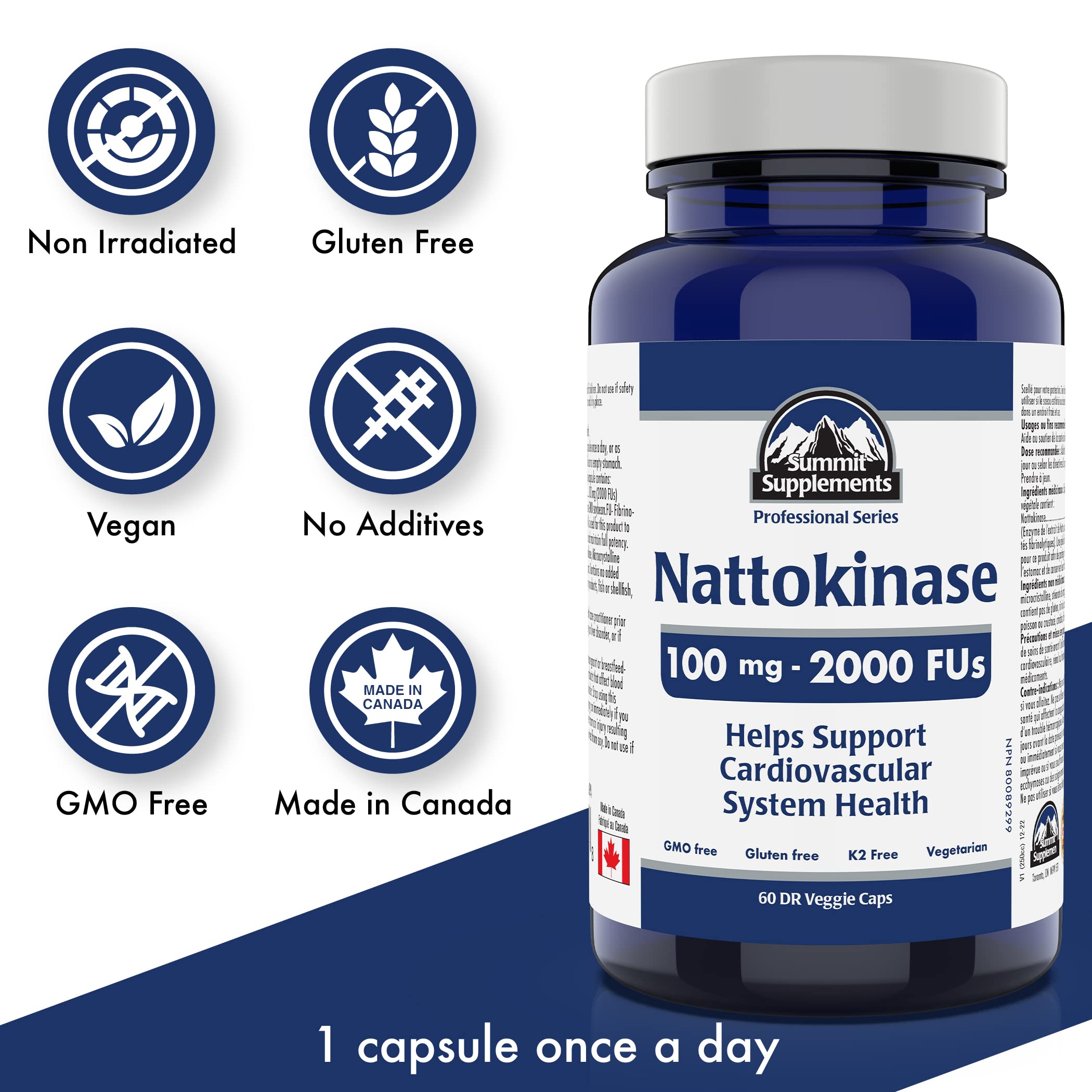 Nattokinase 100mg 2000 FU, 60 DR Vegetarian Capsules, 60-Day Supply - Supports Cardiovascular & Heart Health, Non-GMO, Gluten-Free - Promotes Circulation & Vitality, Proudly Canadian, Plastic Negative