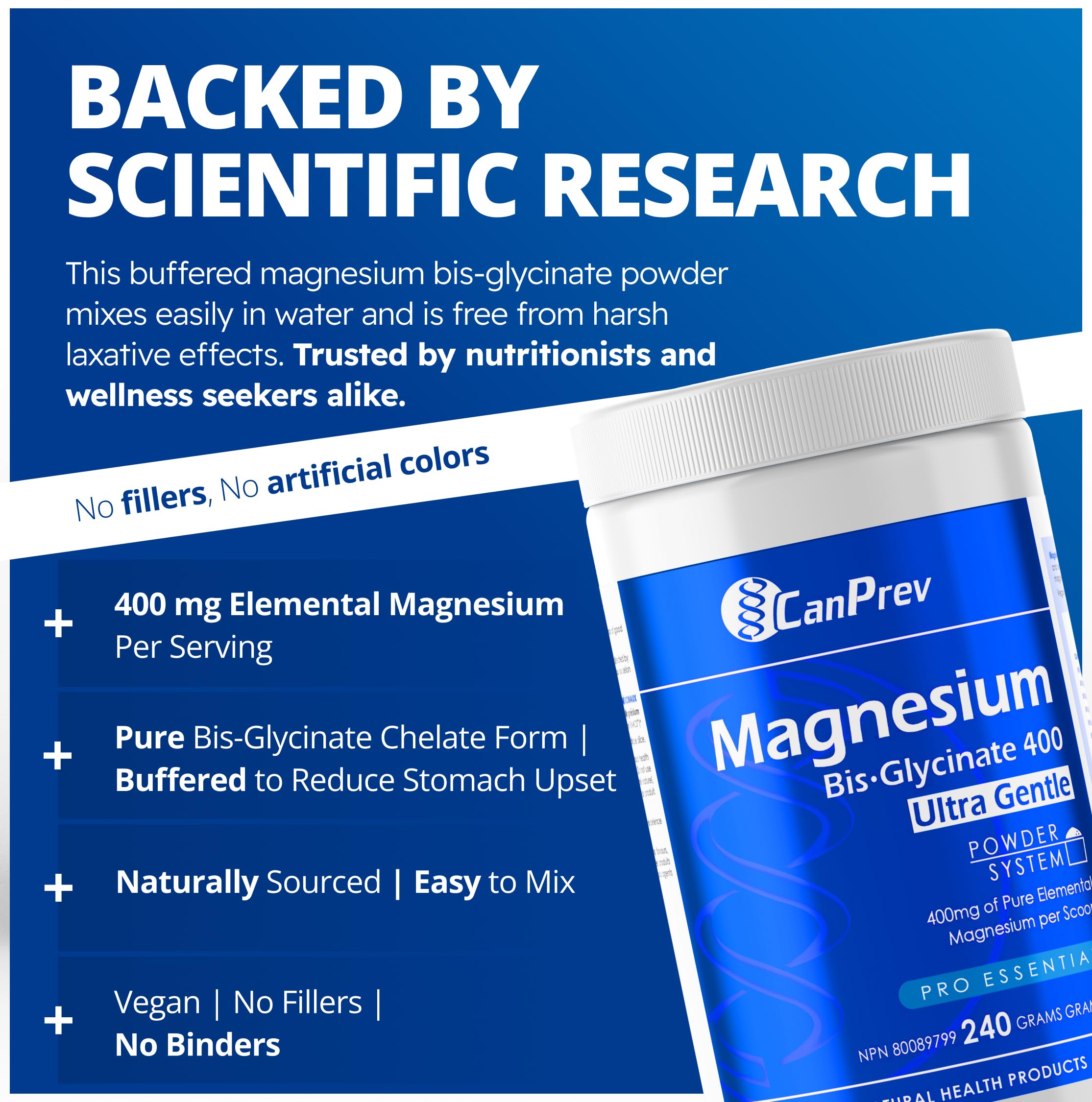 CanPrev Magnesium Bisglycinate Ultra Gentle 240g Powder 48-Servings - 400mg of Pure Elemental Magnesium Per Scoop - Chelated Complex - Muscle Health, Calm, Relaxation, Bone Health and Cramp Relief