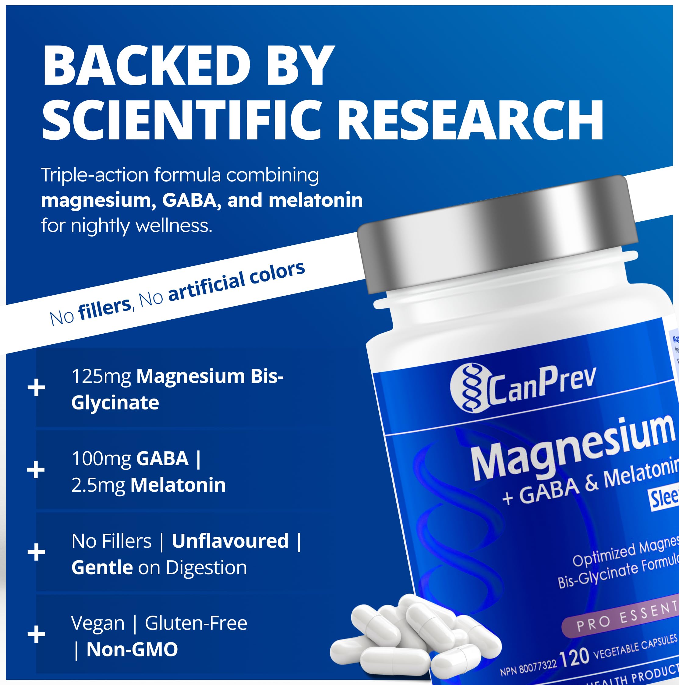 CanPrev Magnesium Bisglycinate Chelated + GABA & Melatonin, 120 Veg Caps, 120-Day Supply, Supports Restful Night, Muscle Function, Promote Relaxation & Balanced Sleep-Wake Cycle, Vegan, No GMO, Gluten