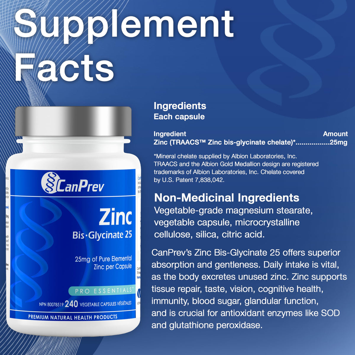 CanPrev Zinc Supplement, Bisglycinate, 25 mg, 240 Capsules, 240 Day Supply
