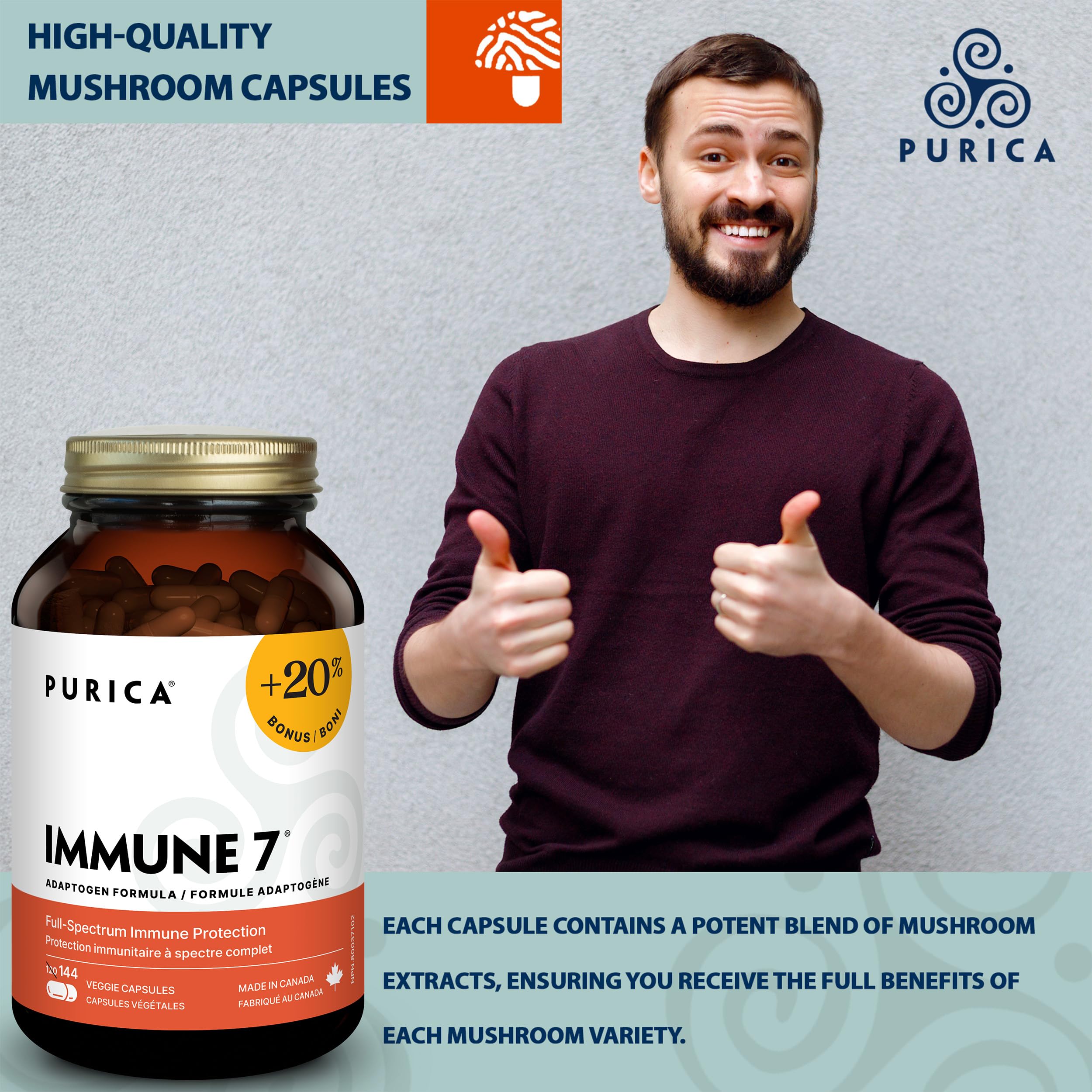 PURICA Complexe Immunitaire 7, 60 gélules - Soutien immunitaire complet avec Coriolus versicolor, Cordyceps, Reishi, Maitake, Shiitake, Champignon du Soleil - Vitalité à spectre complet, Améliore la santé et le bien-être
