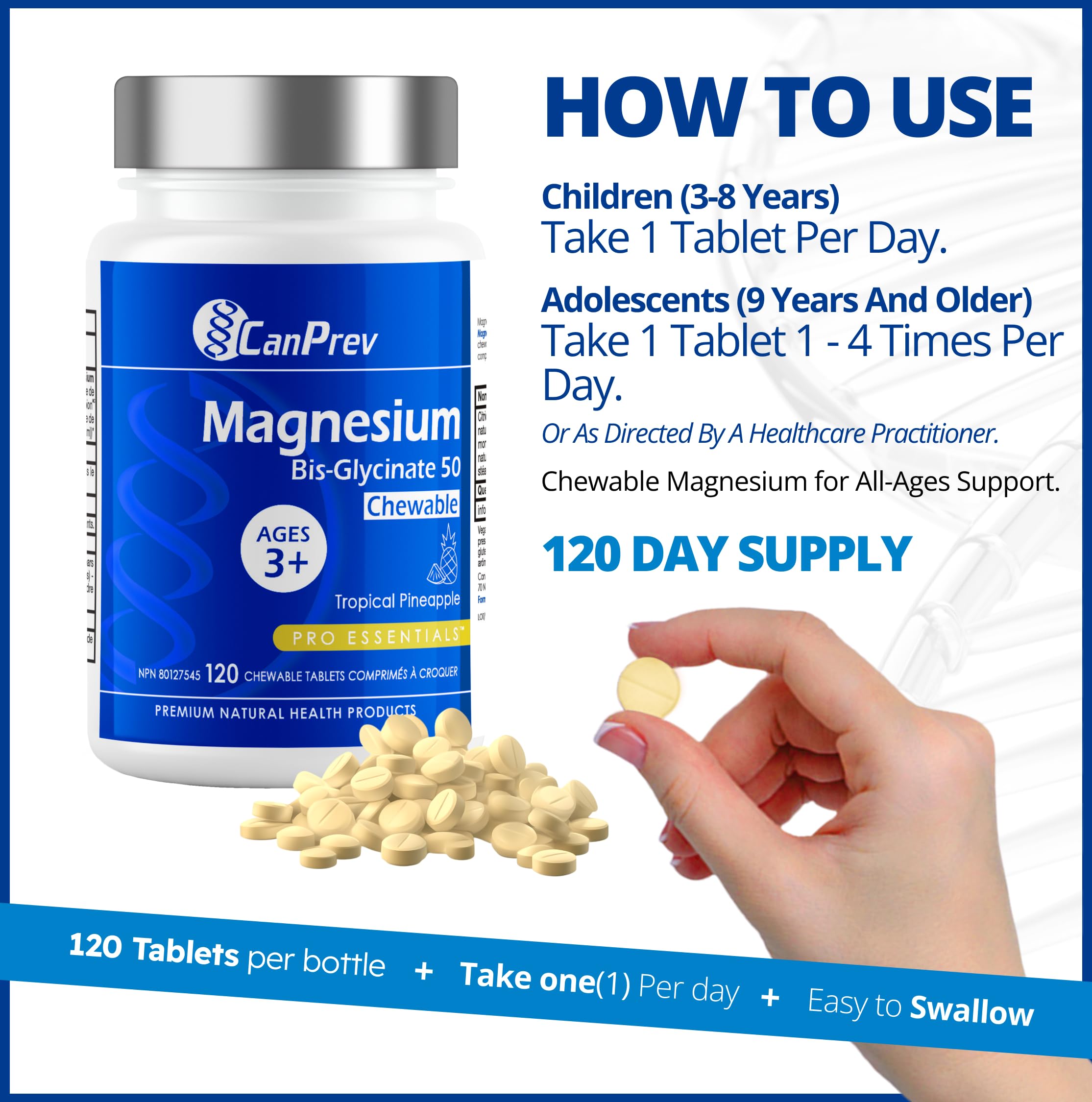 CanPrev Bisglycinate de Magnésium 50 mg, 120 Comprimés à Croquer, Pour 120 Jours, Saveur Ananas Tropical, Végétalien et Sans Sucre, Doux, Facile à Absorber, Favorise la Relaxation, le Confort Musculaire et le Bien-Être Quotidien