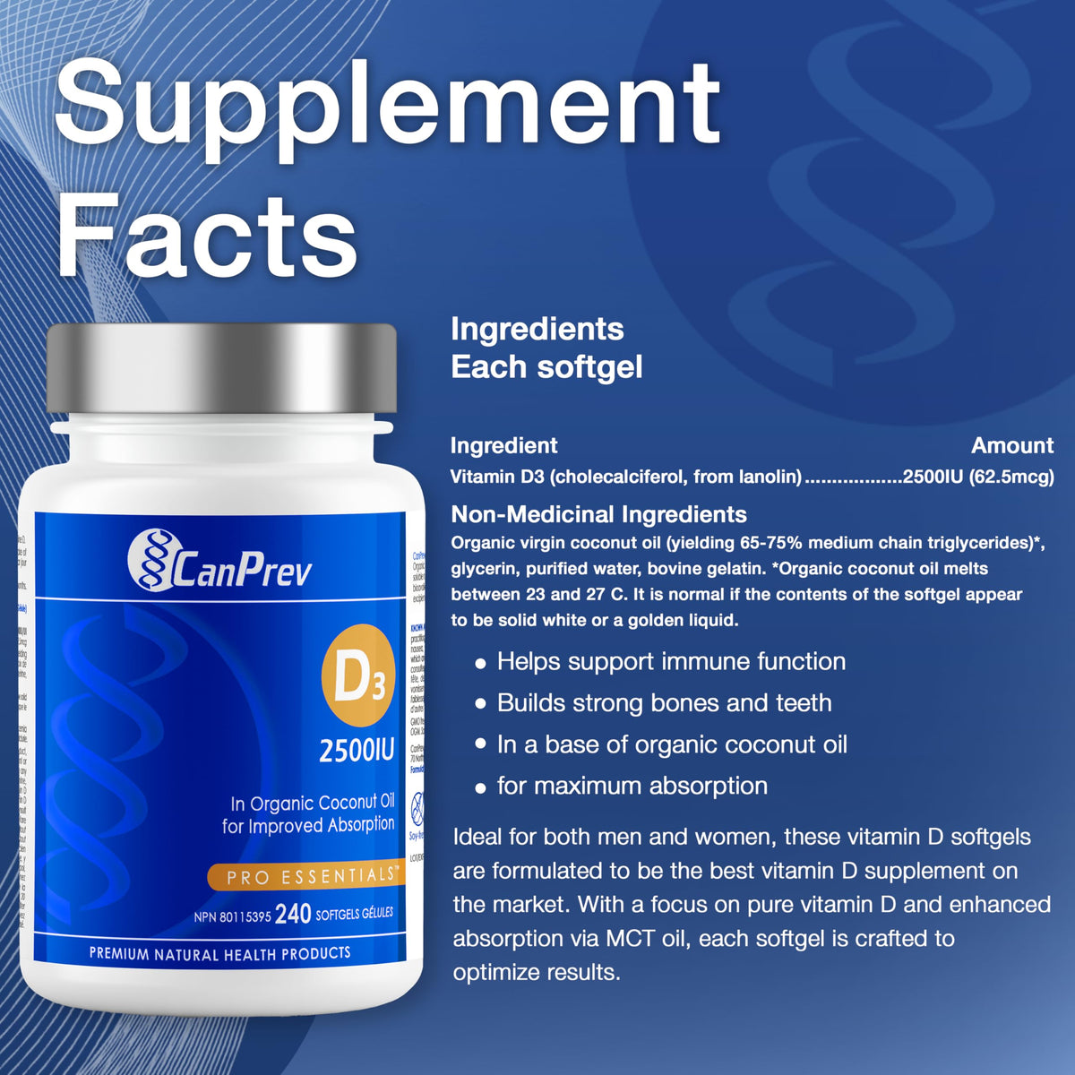 CanPrev Vitamin D3 2500 IU Softgels, MCT Oil, Lanolin-Derived, 240 Softgels
