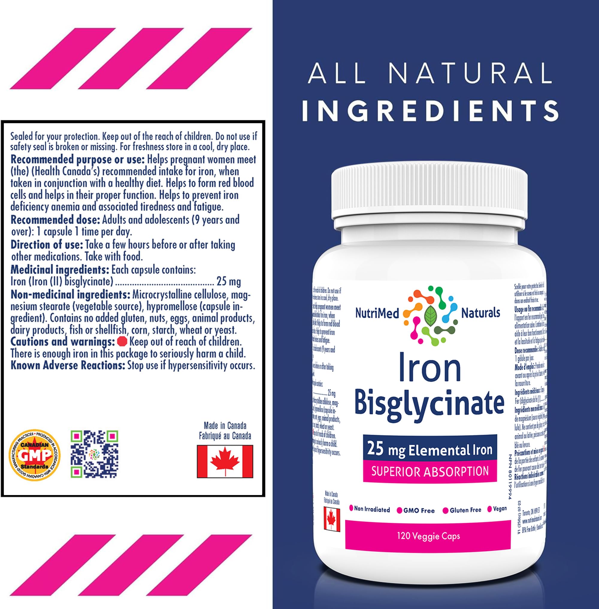 Nutrimed Naturals - Bisglycinate de Fer, 120 Gélules Végétaliennes, 120 Jours d'Approvisionnement - 25mg de Fer Élémentaire pour l'Anémie Ferriprive et la Fatigue Associée - Testé par un Tiers - Formulé et Fabriqué au Canada