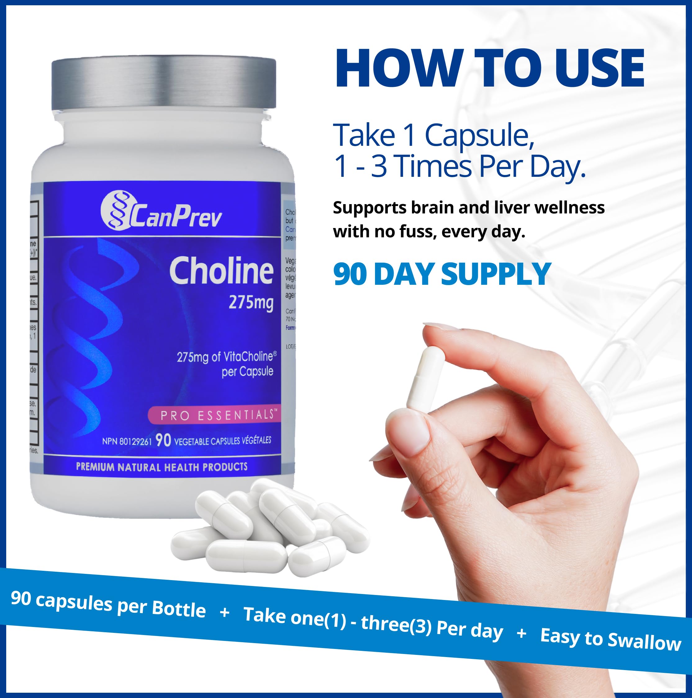 CanPrev Choline 275mg 90 Veggie Capsules, 90-Day Supply, VitaCholine for Cognitive Function, Memory & Focus, Vegan, Non-GMO, Gluten & Soy-Free, Supports Pregnancy, Liver & Heart Health, Made in Canada