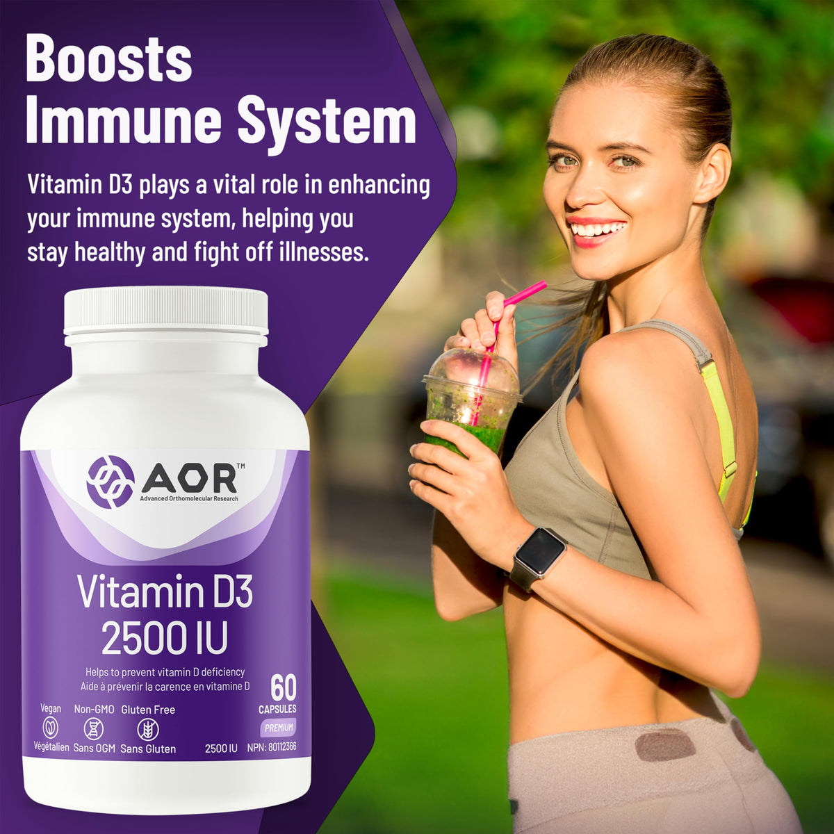 AOR Vitamin D3 2500 IU Capsules, Vitamin D, 60 Capsules, 60 Day Supply