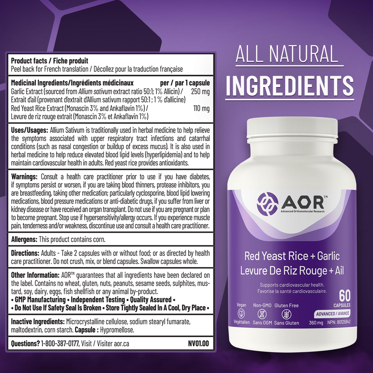 AOR Red Yeast Rice, Garlic Extract, Cholesterol, Heart Health, 60 Capsules
