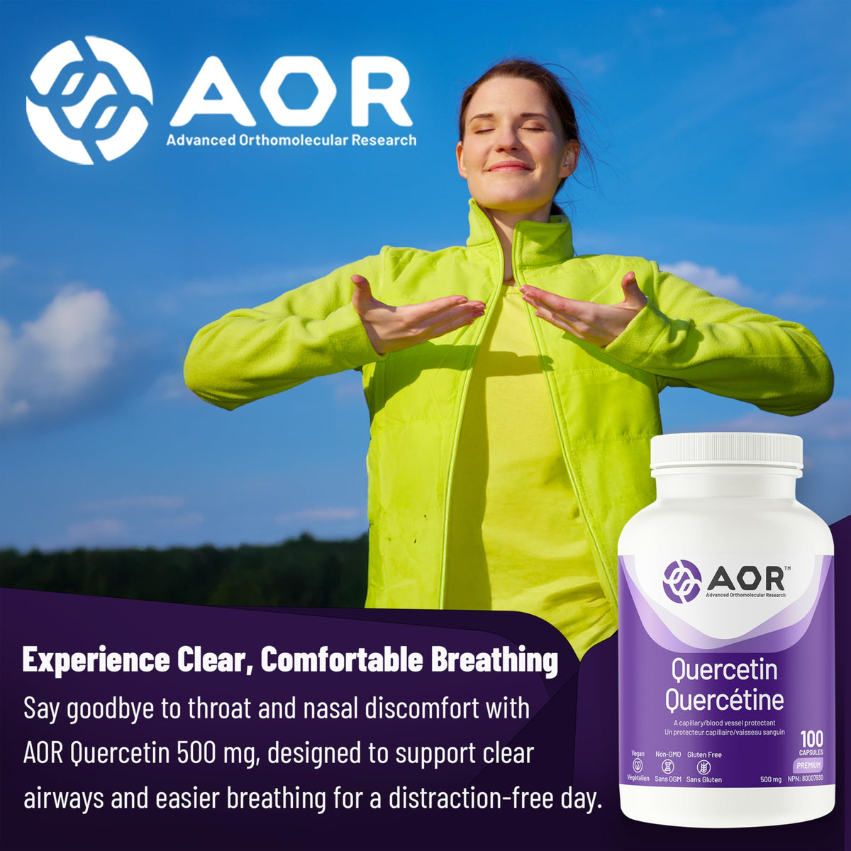 AOR Quercetin 500 mg Capsules, Vegan, Non-GMO, 100 Capsules, 50-Day Supply