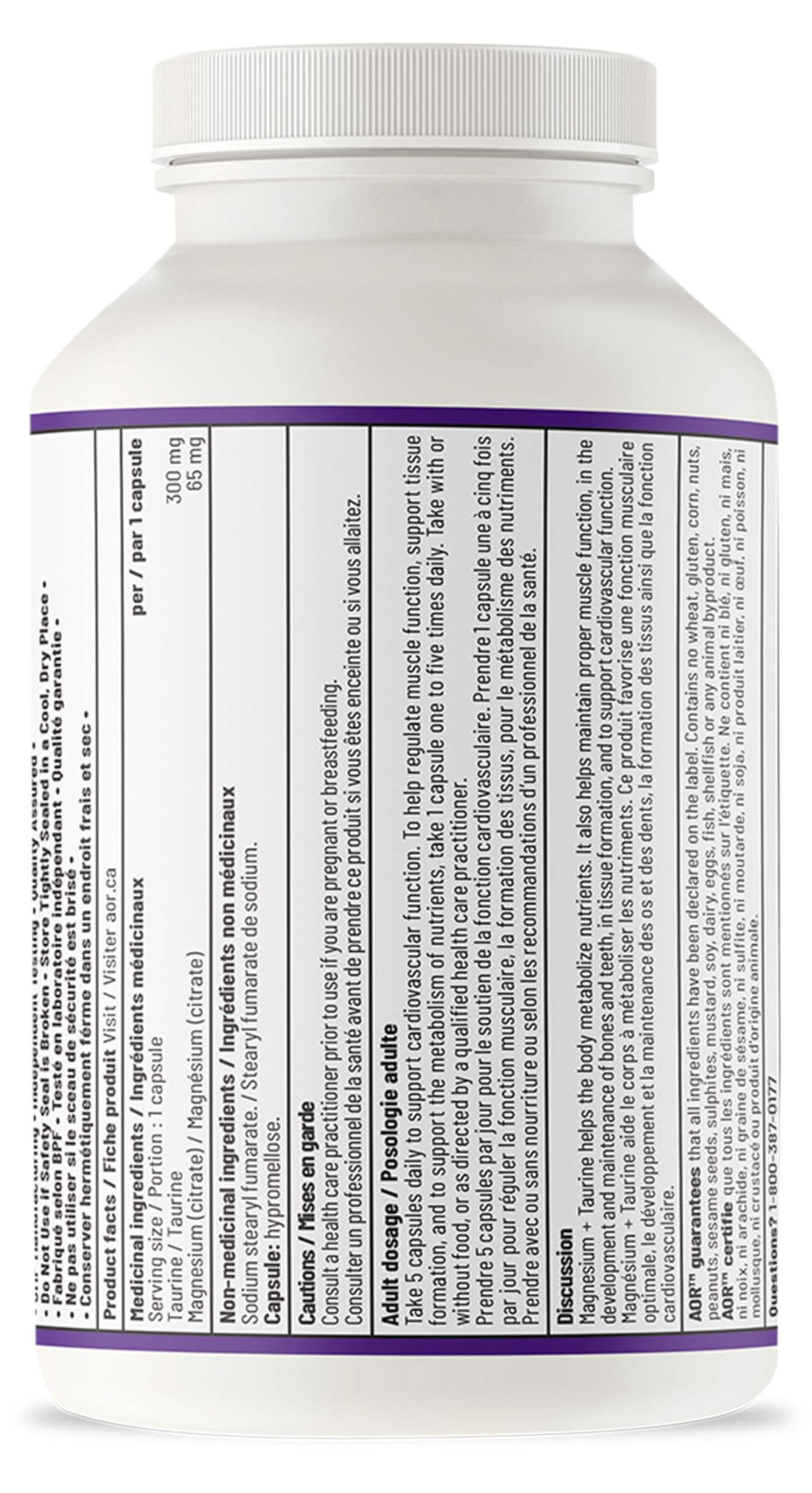 Gélules de magnésium + taurine AOR, 180 unités, pour 36 jours – Soutient la santé cardiaque, favorise des niveaux de calcium équilibrés et contribue à la solidité des os, des dents et à la fonction musculaire – Végétalien, sans OGM et sans gluten