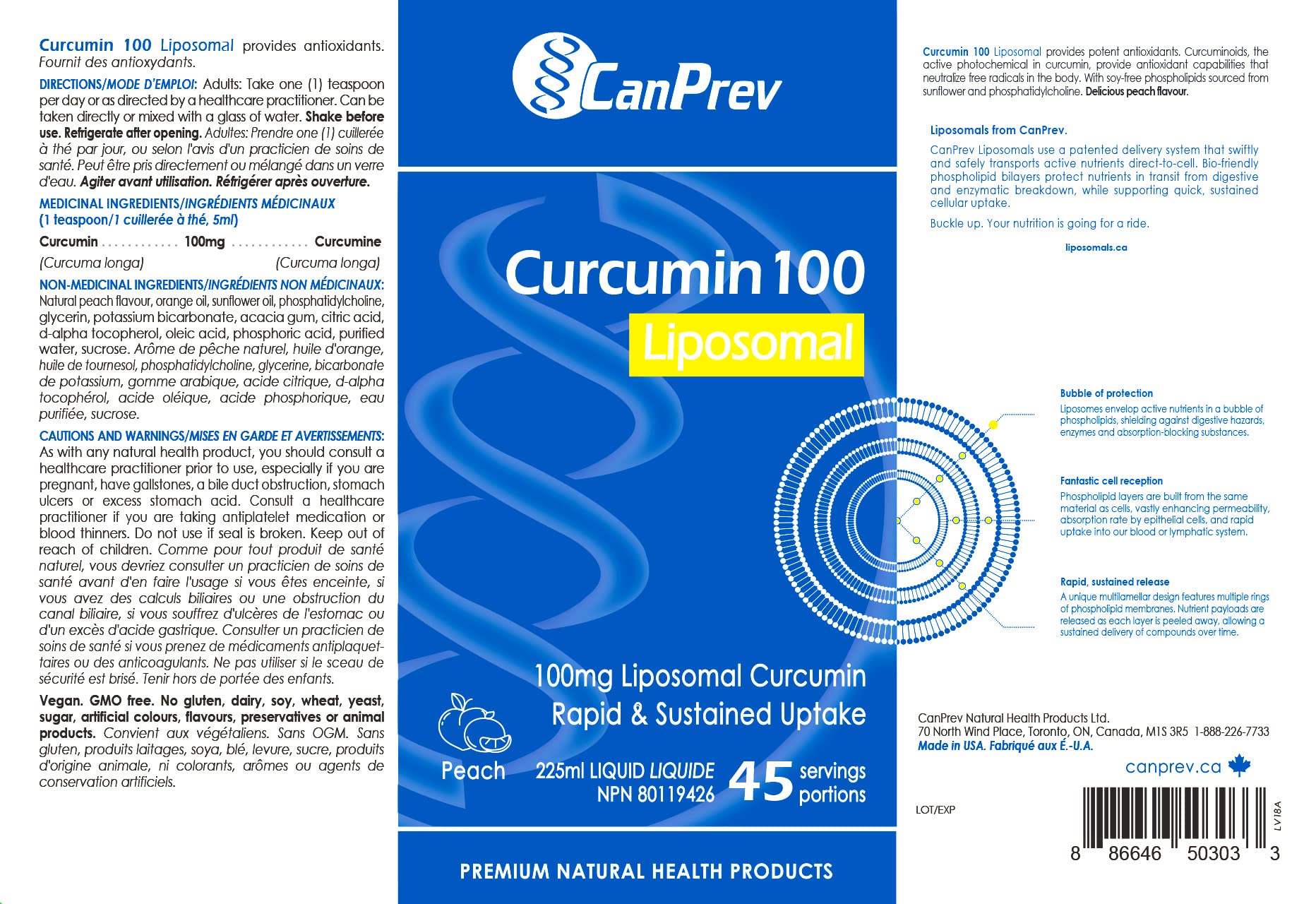 CanPrev - Curcumine 100 Liposomale, 225 ml Liquide 45 Portions - Végétalien, Sans OGM & Sans Gluten - Fournit des Antioxydants - Absorption Rapide et Soutenue - Soutien Articulaire - Délicieuse Saveur de Pêche