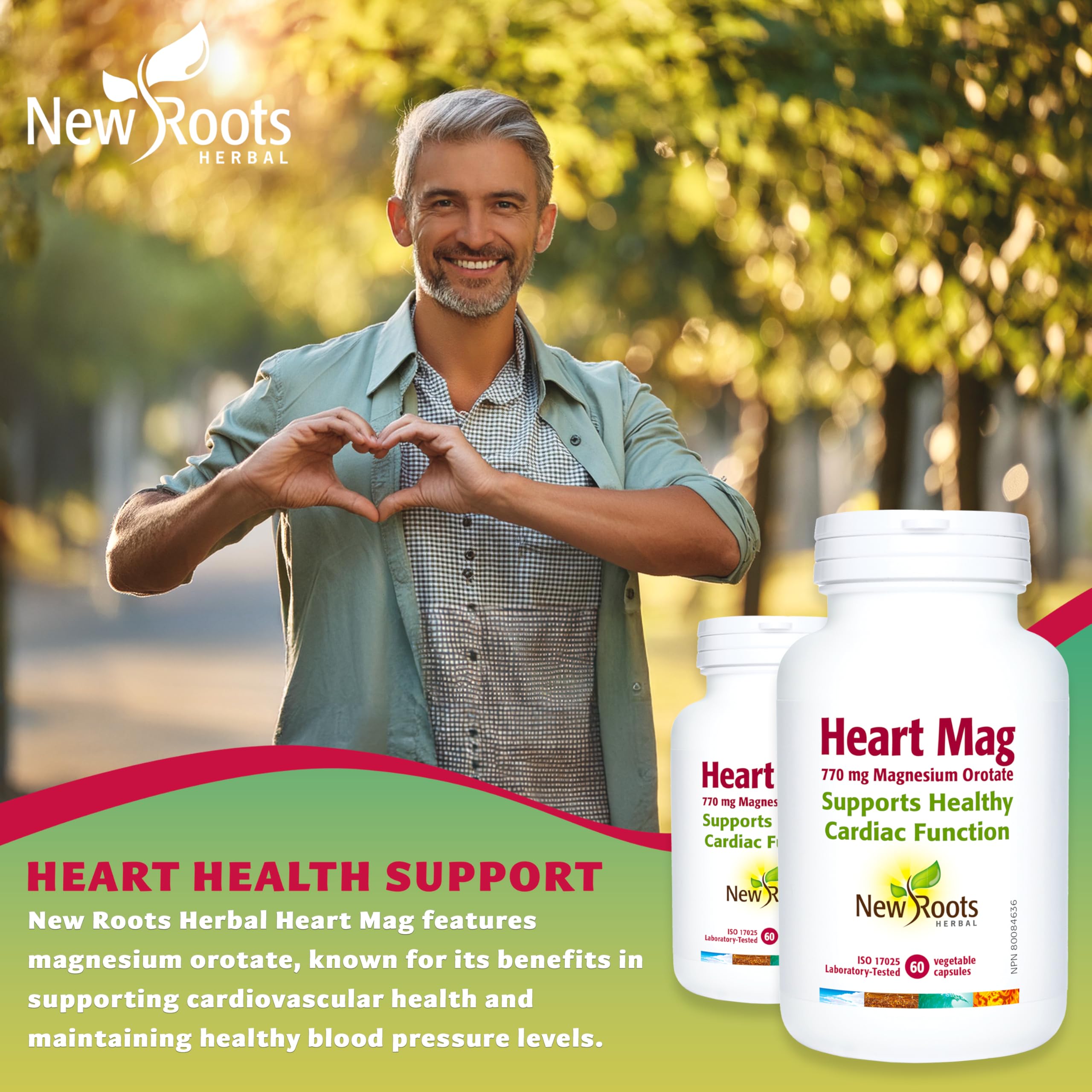 New Roots Herbal - Heart Mag, 60 capsules - Orotate de magnésium 770 mg pour la fonction cardiaque, favorise le maintien d'une fonction musculaire saine, l'équilibre électrolytique, la santé des os et des dents.