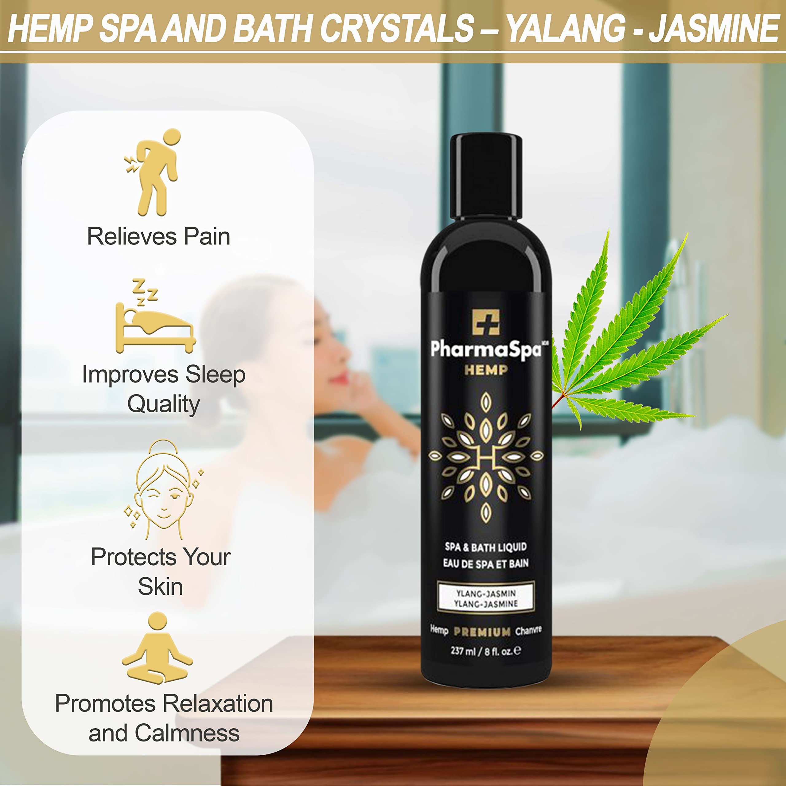 Liquide pour Spa et Bain aux Graines de Chanvre et Extraits Entièrement Naturels – 237 ml/8 fl oz – Liquide d'Aromathérapie pour Baignoire Spa – Sans Gluten, Sans Parabènes, Non Testé sur les Animaux