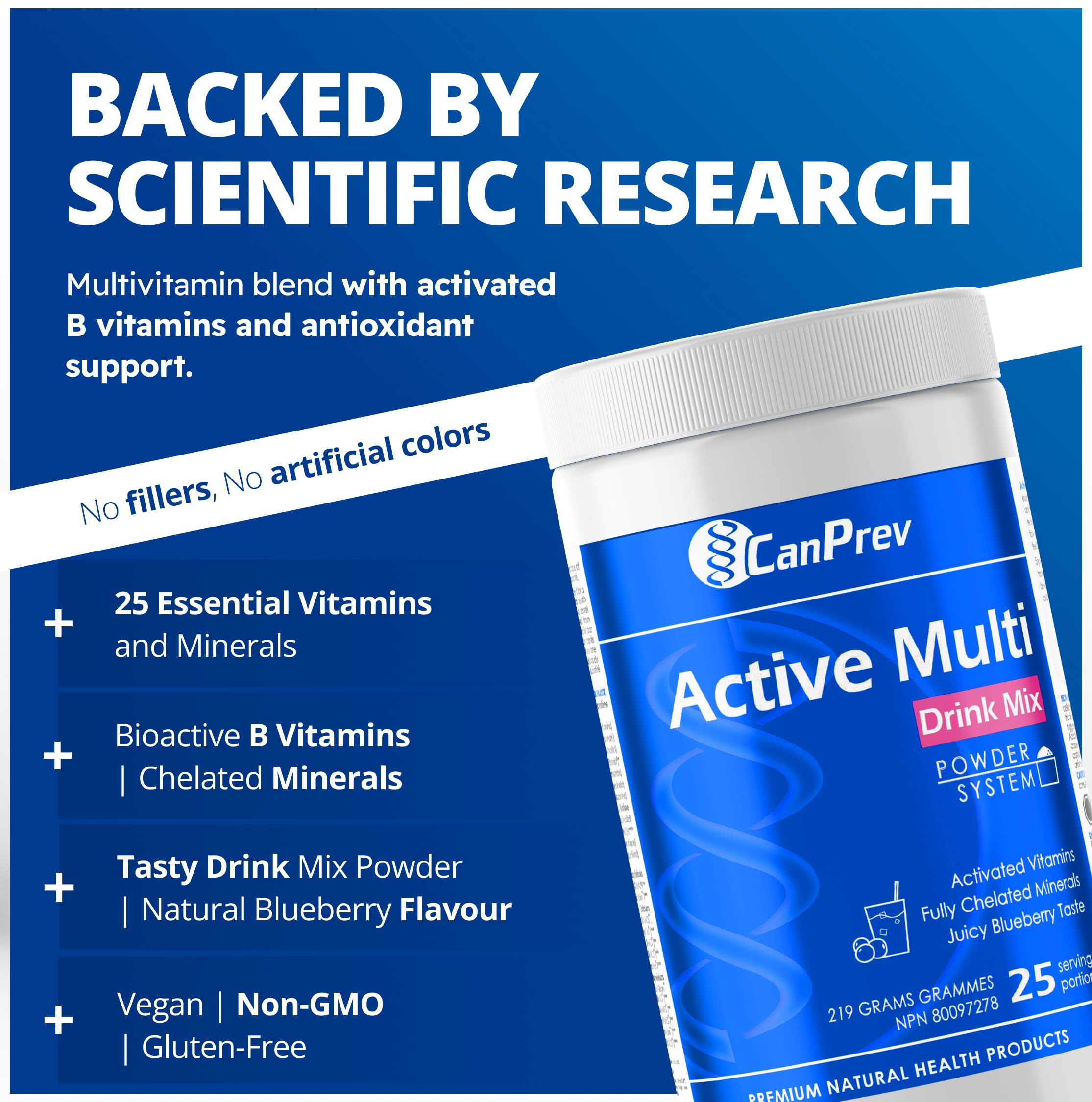 CanPrev Active Multi Drink Mix, 219g Powder, Juicy Blueberry Taste - 25 Essential Vitamins And Minerals - Bioactive B Vitamins And Fully Chelated Minerals - Vegan, Non-GMO and Gluten-Free