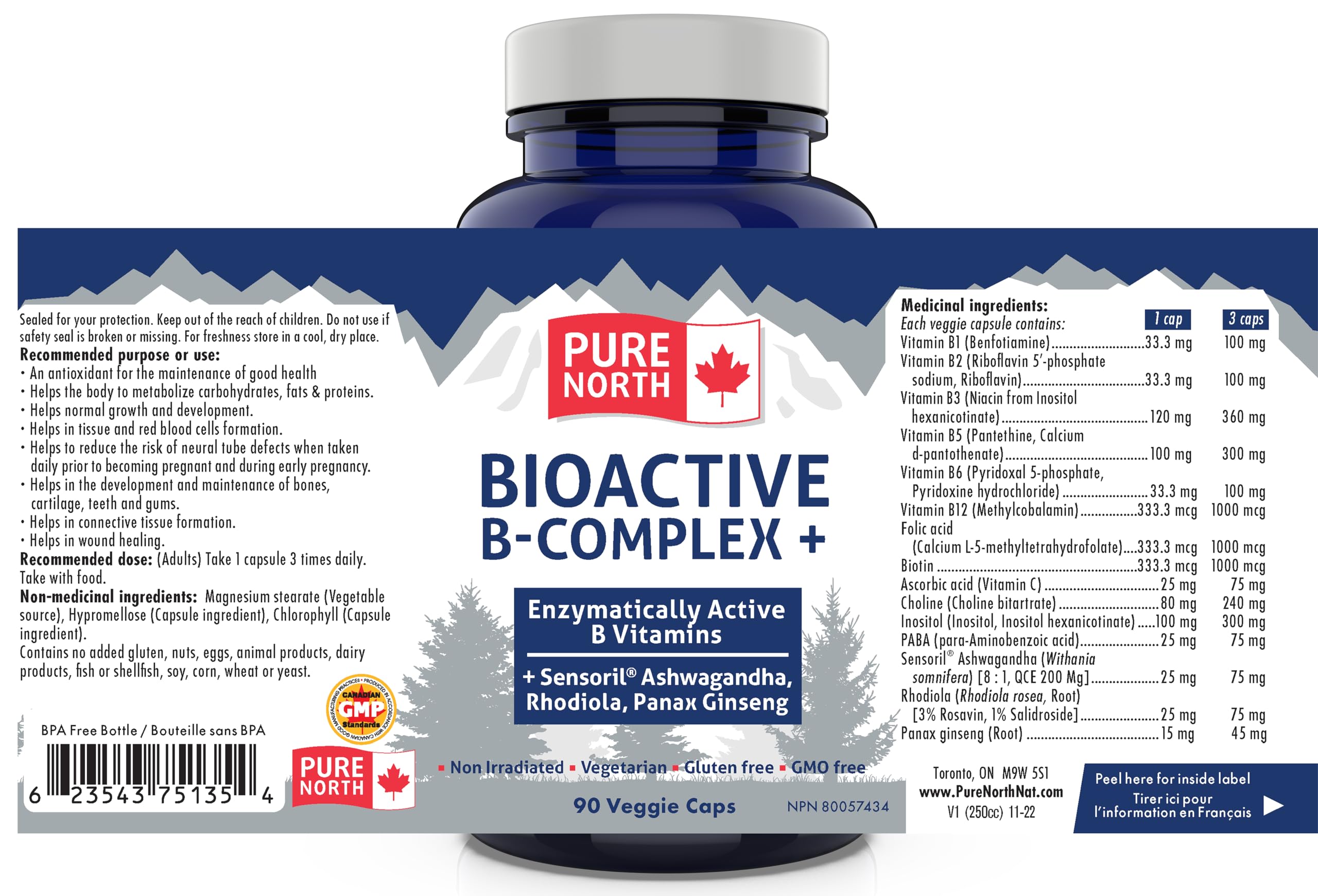 Pure North Naturals - Bioactive B-Complex Vitamin Supplement 90 Caps 30-Day Supply - Enzymatically Active Sensoril Ashwagandha, Rhodiola, Panax Ginseng - 3rd Party Tested - Formulated & Made in Canada