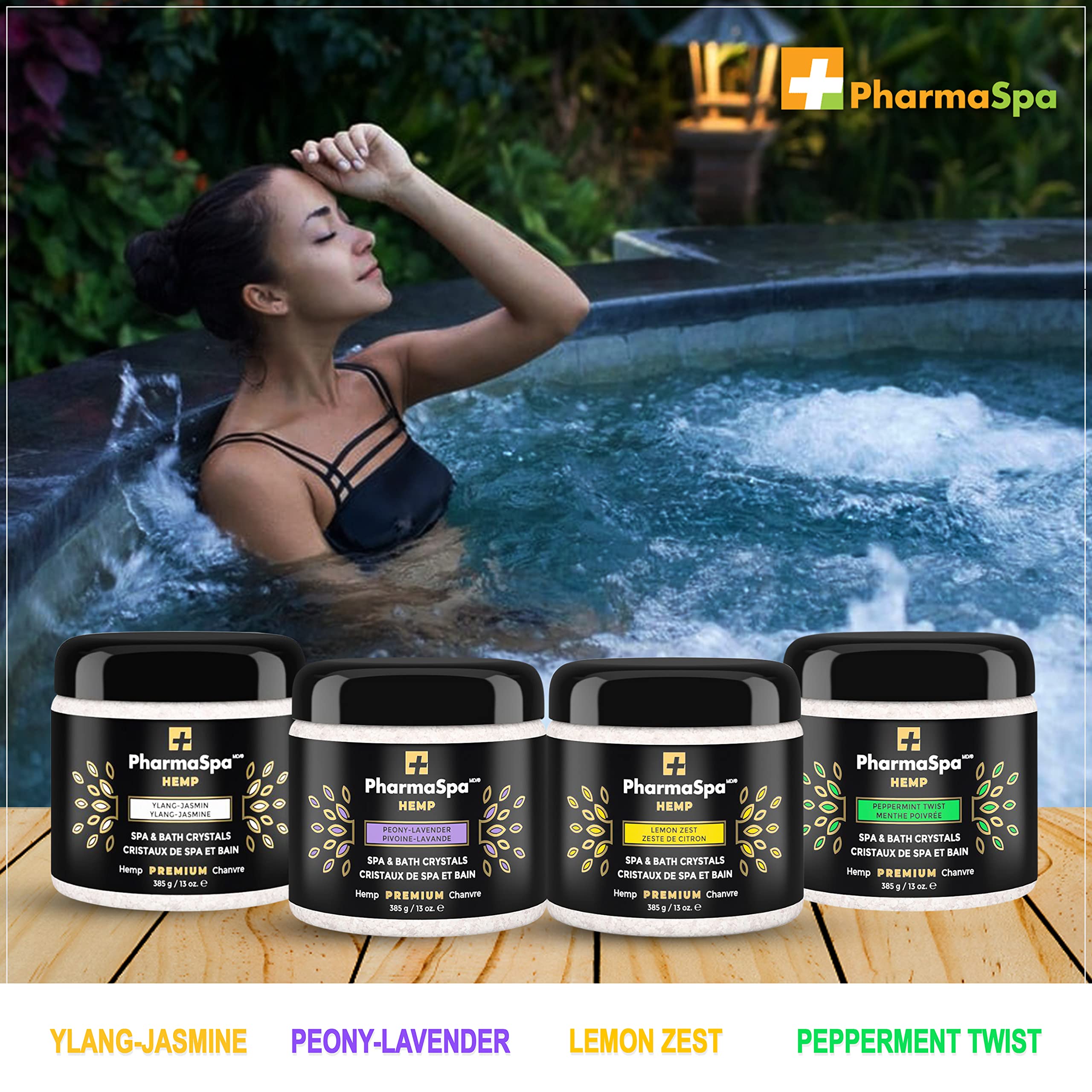 Sels de bain et cristaux de spa aux graines de chanvre et extraits entièrement naturels – 385 g/13 oz – Sel de bain Epsom pour l'aromathérapie et la relaxation dans les bains à remous – Sans gluten, sans parabènes, non testé sur les animaux