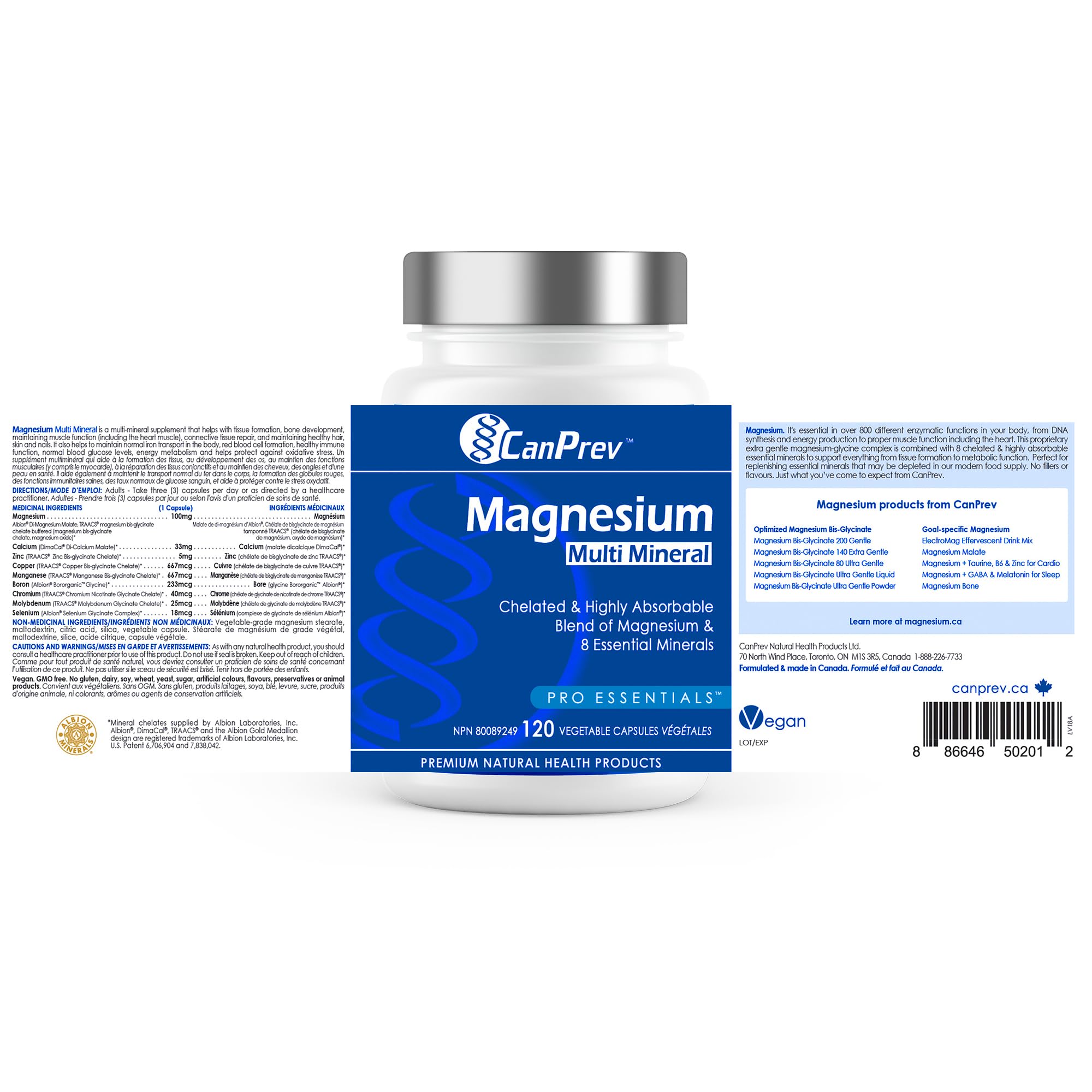 CanPrev Complexe Multi-Minéraux Magnésium, 120 Gélules Végétaliennes, 40 Jours d'Approvisionnement - Absorption Améliorée avec 8 Minéraux Chélatés Essentiels - Magnésium, Sélénium, Calcium et Plus pour le Bien-être Quotidien