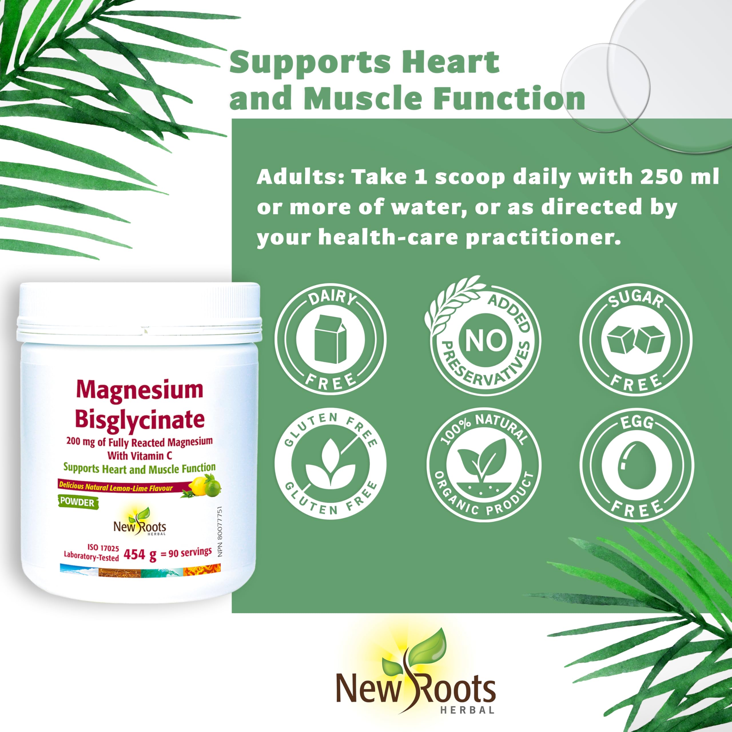 New Roots Herbal - Magnesium Bisglycinate Powder, Lime Flavor Drink Mix - Pure Magnesium Glycinate with Vitamin C for Sleep, Support Heart Health, Muscles Function, Bone & Metabolism