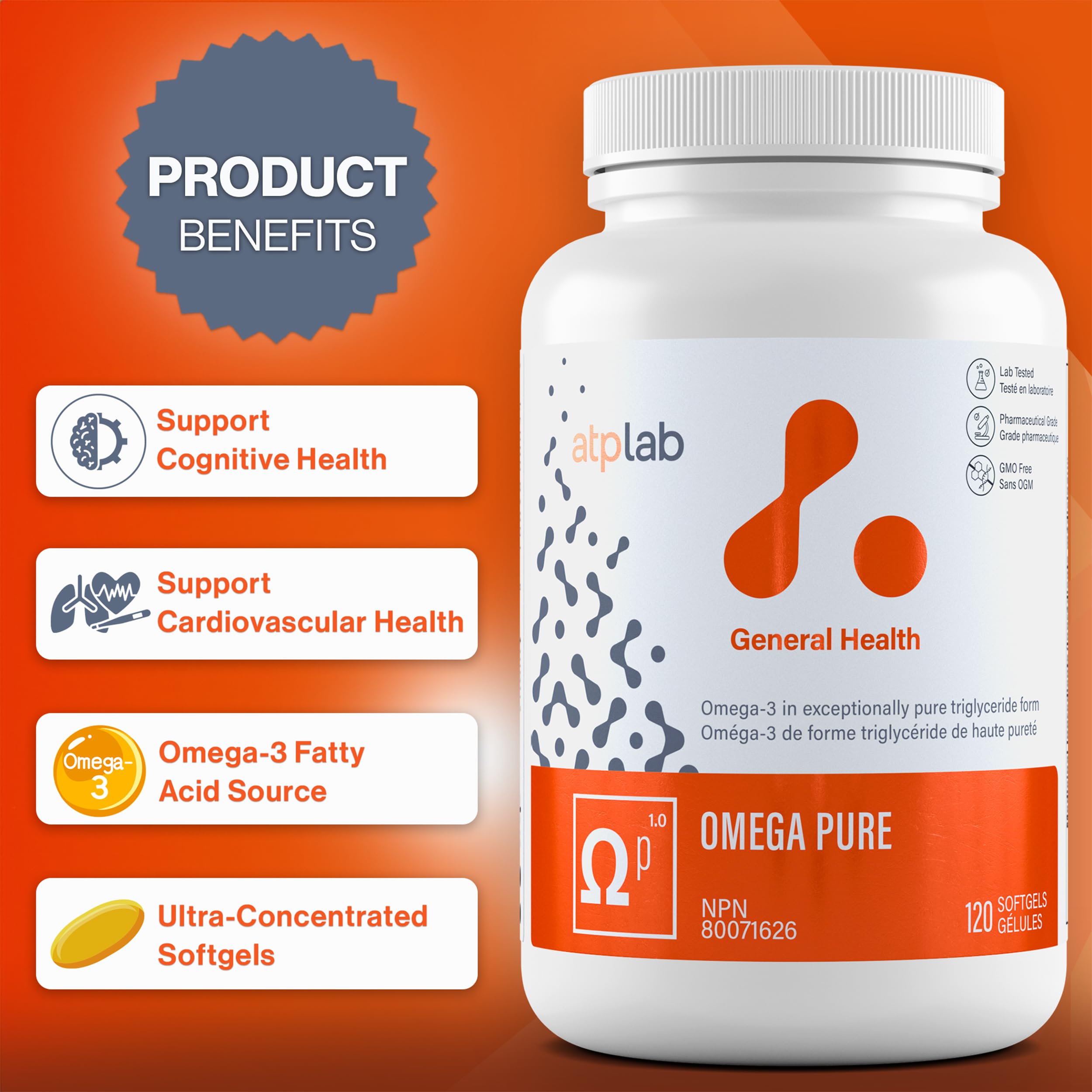 ATP Lab Omega Pure 120 gélules – Approvisionnement de 60 jours – Huile de poisson Oméga-3 TG EPA DHA et vitamine E, sans arrière-goût de poisson, favorise la fonction cérébrale et la santé cardiovasculaire, sans OGM, fabriqué au Canada, facile à avaler