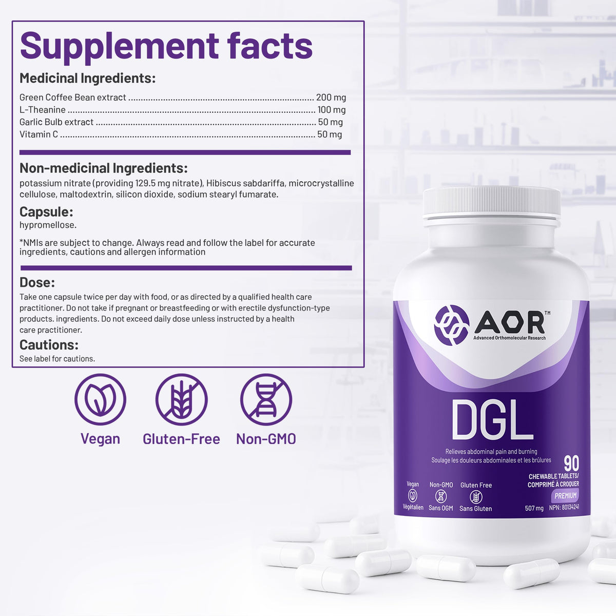 AOR DGL Deglycyrrhizinated Licorice Root Chewable Tablets, 507mg, 90 Ct