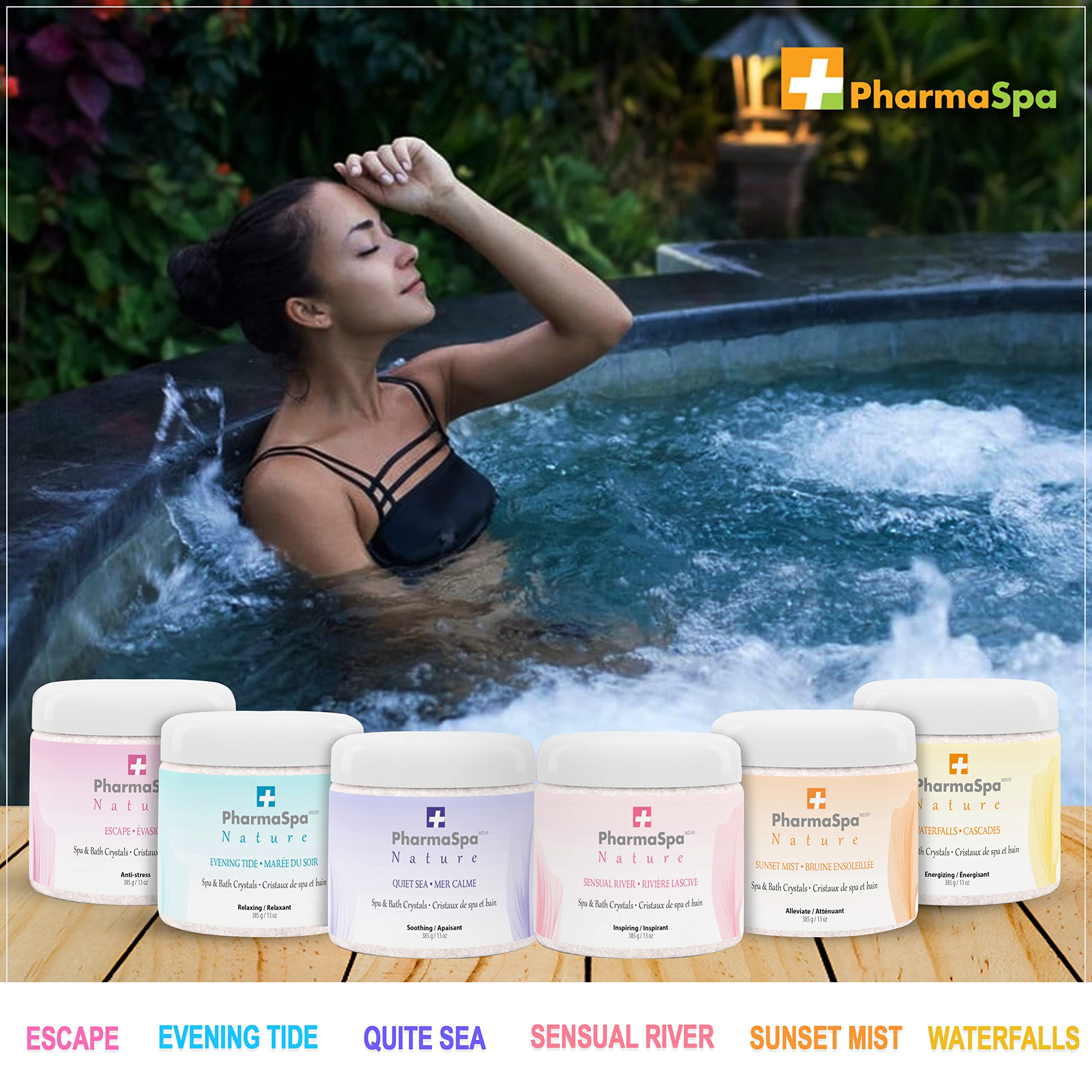 PharmaSpa Nature : Cristaux pour spa et bain aux extraits 100 % naturels – 385 g/13 oz – Sel de bain d'Epsom pour l'aromathérapie et la relaxation en spa – Sans gluten, sans parabènes, sans cruauté animale