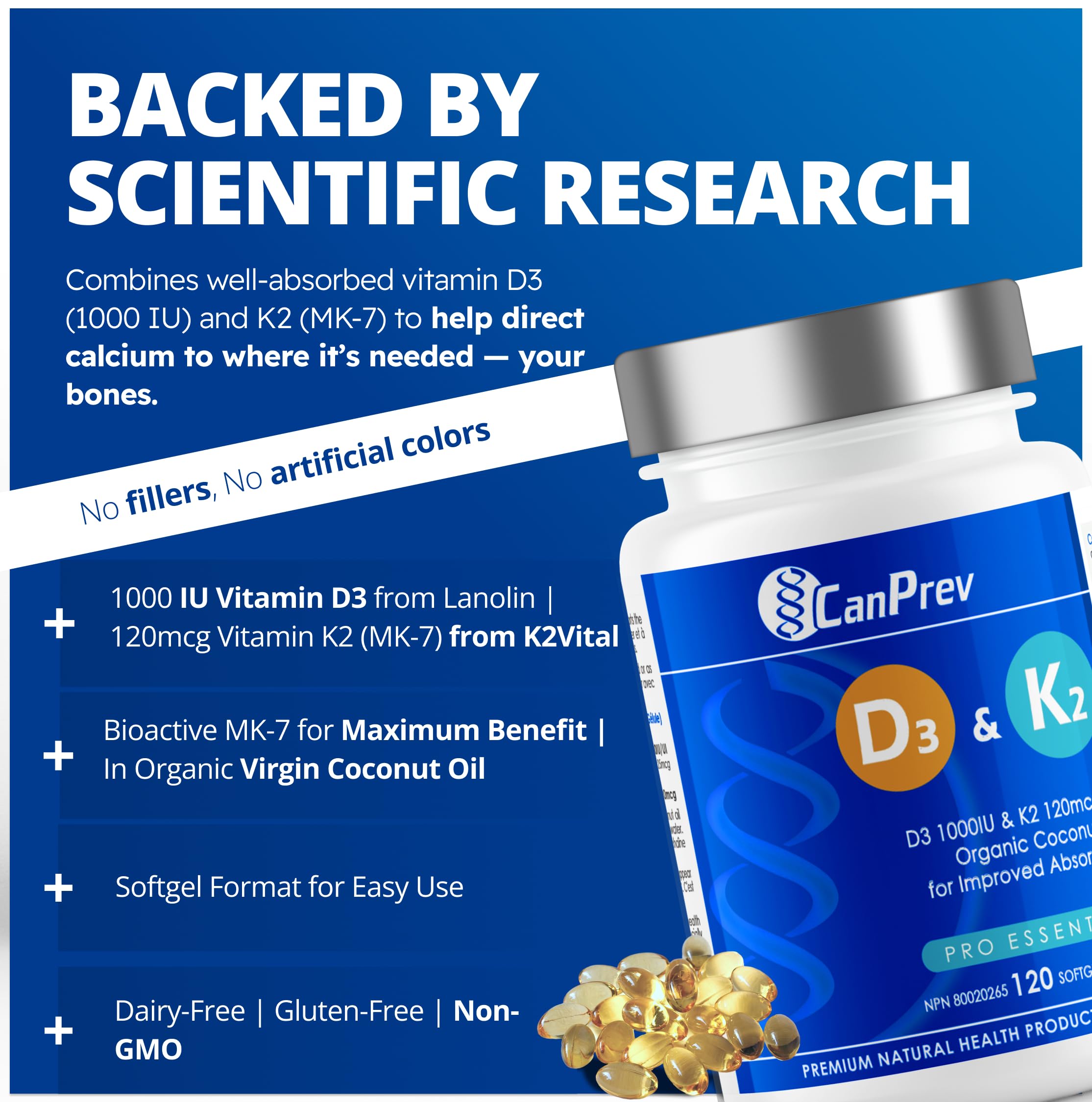 CanPrev D3 & K2 - Huile de coco biologique l Aide à la formation et au maintien de la santé osseuse l Avec vitamine D3 et K2