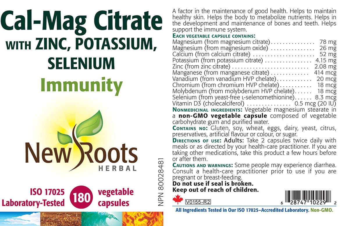 New Roots Herbal Cal-Mag Citrate, Calcium Magnesium, 180 Caps, 45 Days