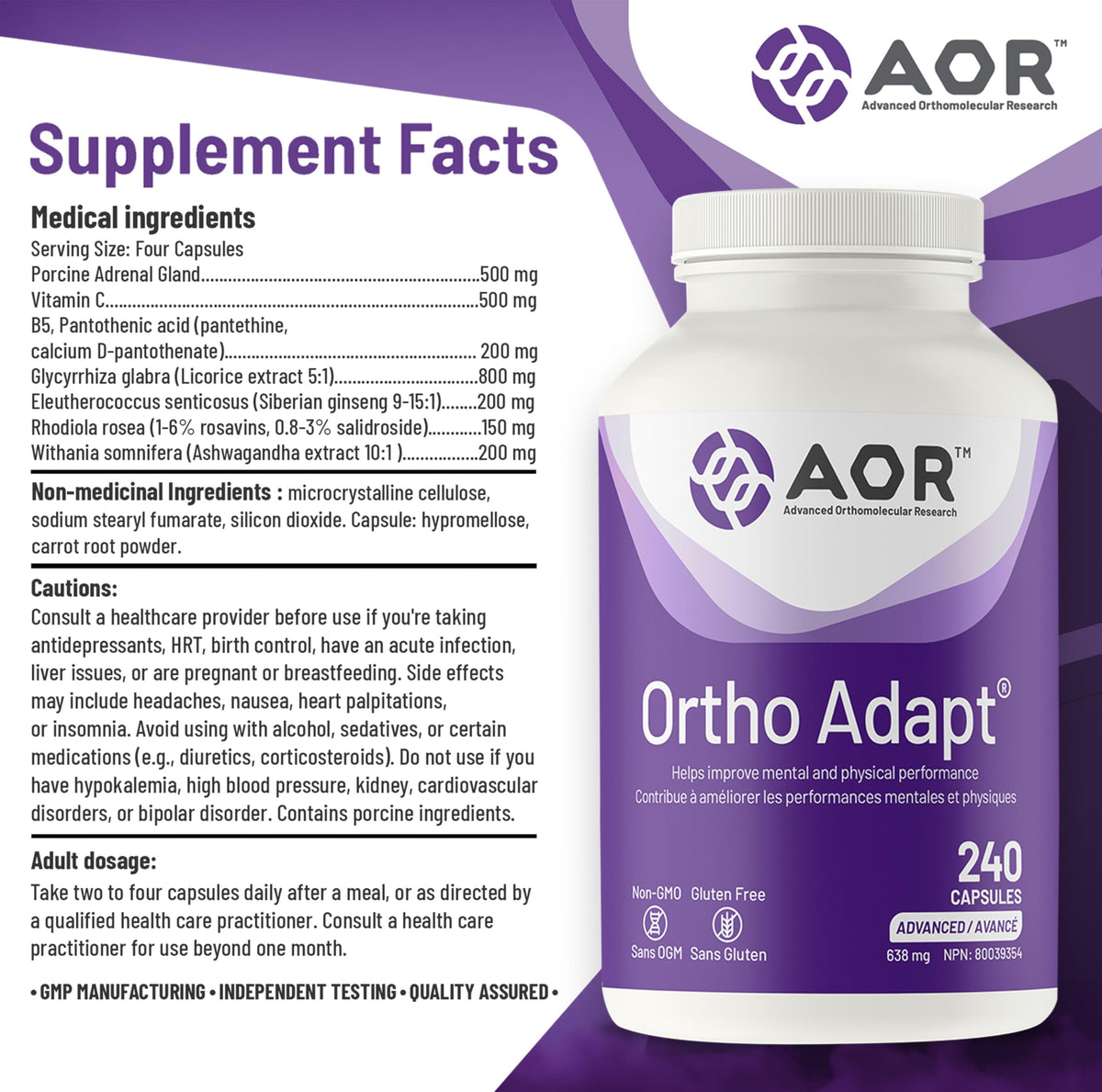 AOR Ortho Adapt Capsules, Adaptogen, Ashwagandha, Rhodiola, 120 Day Supply