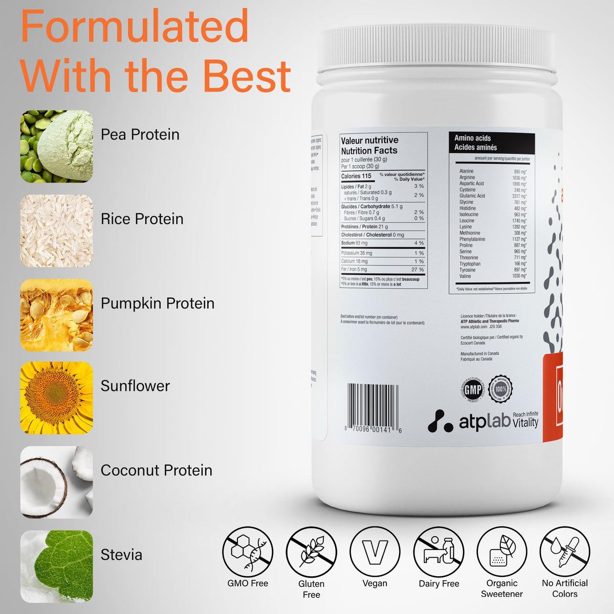 atplab Organic Vegan Blend Protein Powder, 5 Plant Proteins, Vanilla, 900g
