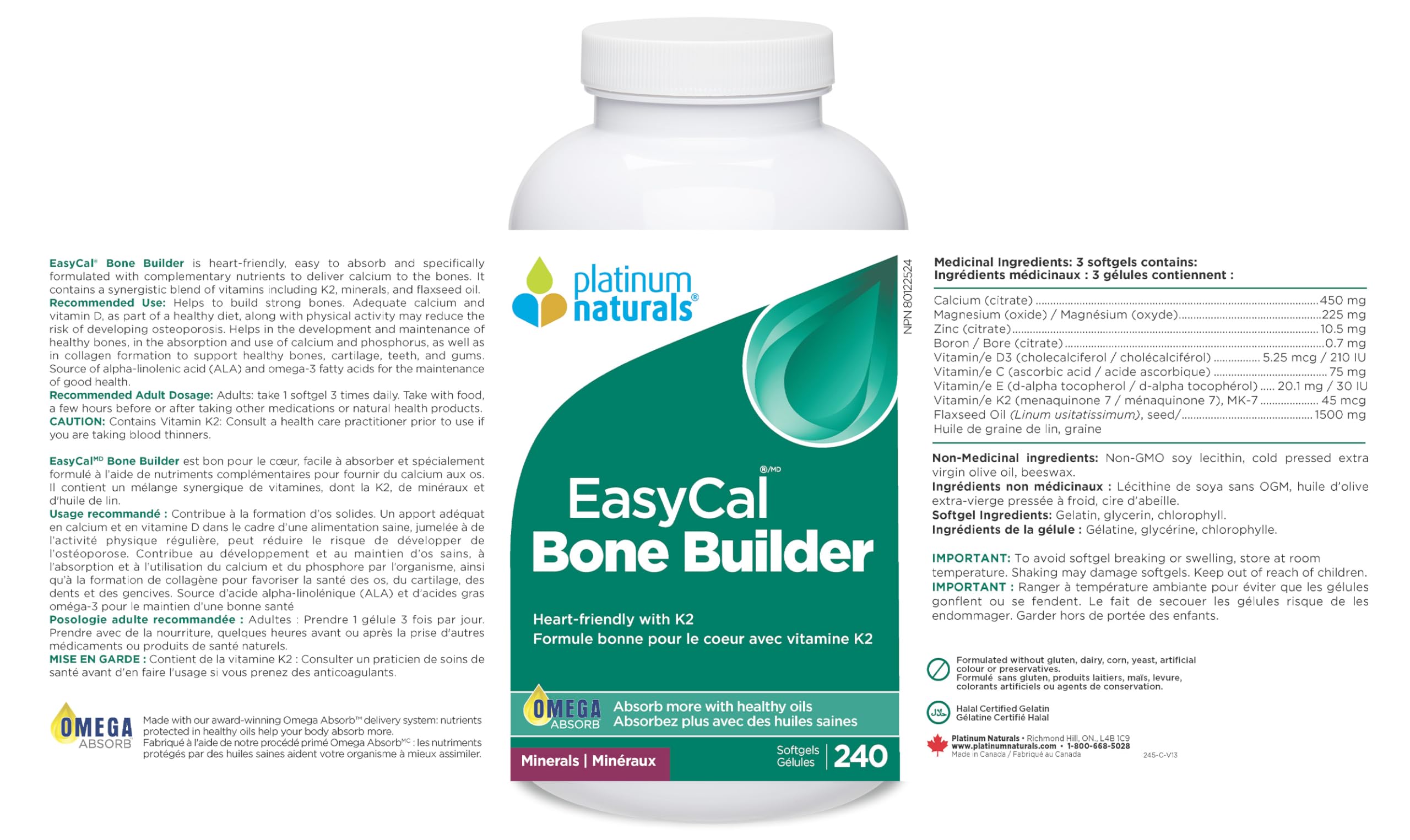 Platinum Naturals - EasyCal Bone Builder | Bon pour le cœur avec K2 | Favorise la force et la souplesse des os