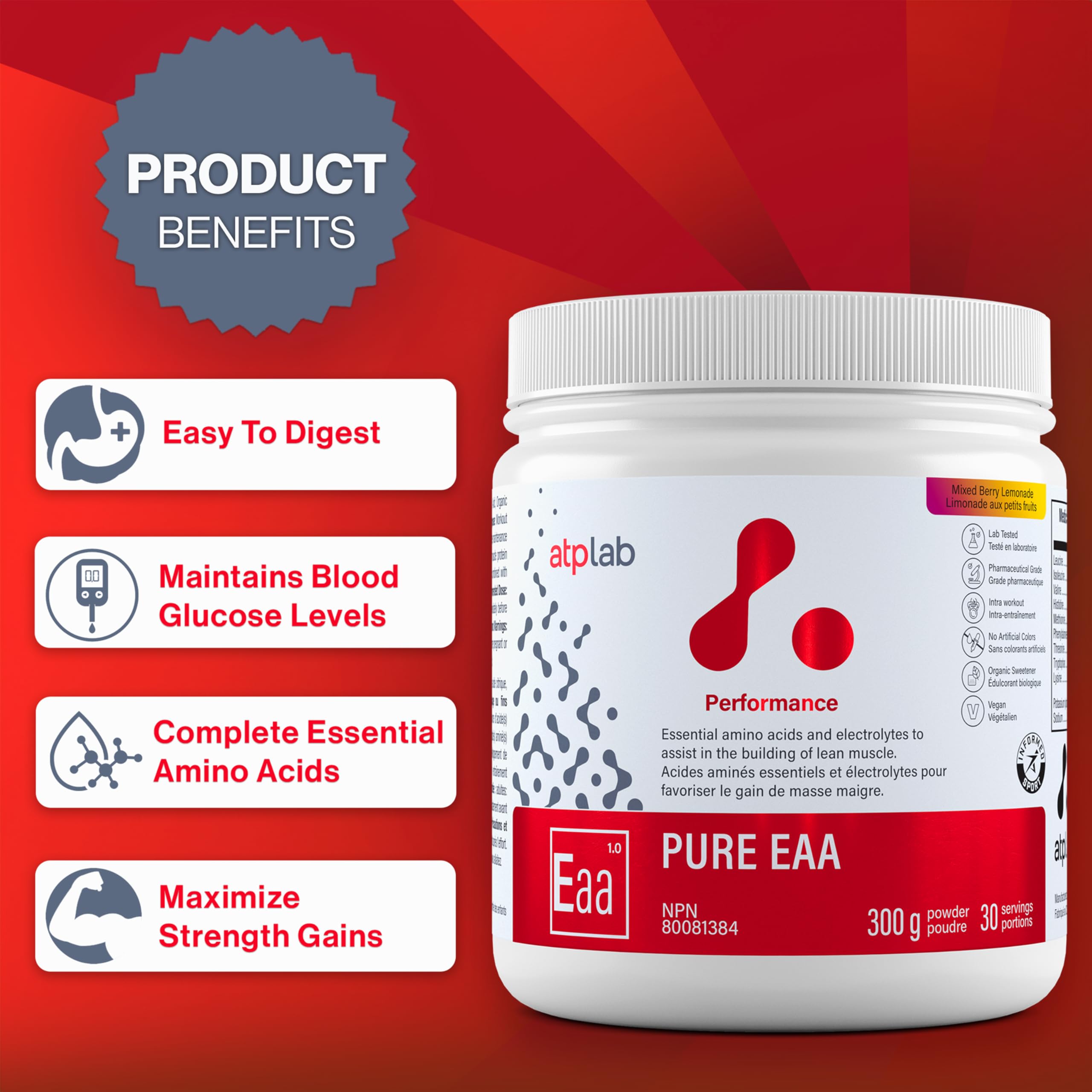 ATP LAB - Pure EAA en Poudre 300g (Saveur Framboise) - Supplément EAA - Poudre d'Acides Aminés Essentiels - Développement Musculaire - Récupération Musculaire