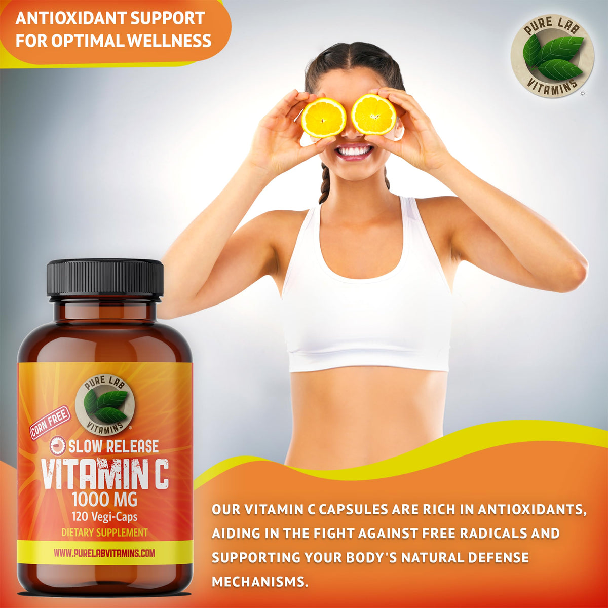 Pure Lab Vitamins | Slow Release Vitamin C 1000mg | 120 Capsules | Ascorbic Acid Vitamin C Supplement | Immune System Support & Antioxidant Supplement | Vitamin C Capsules 1000mg | Vitamin C Supplement