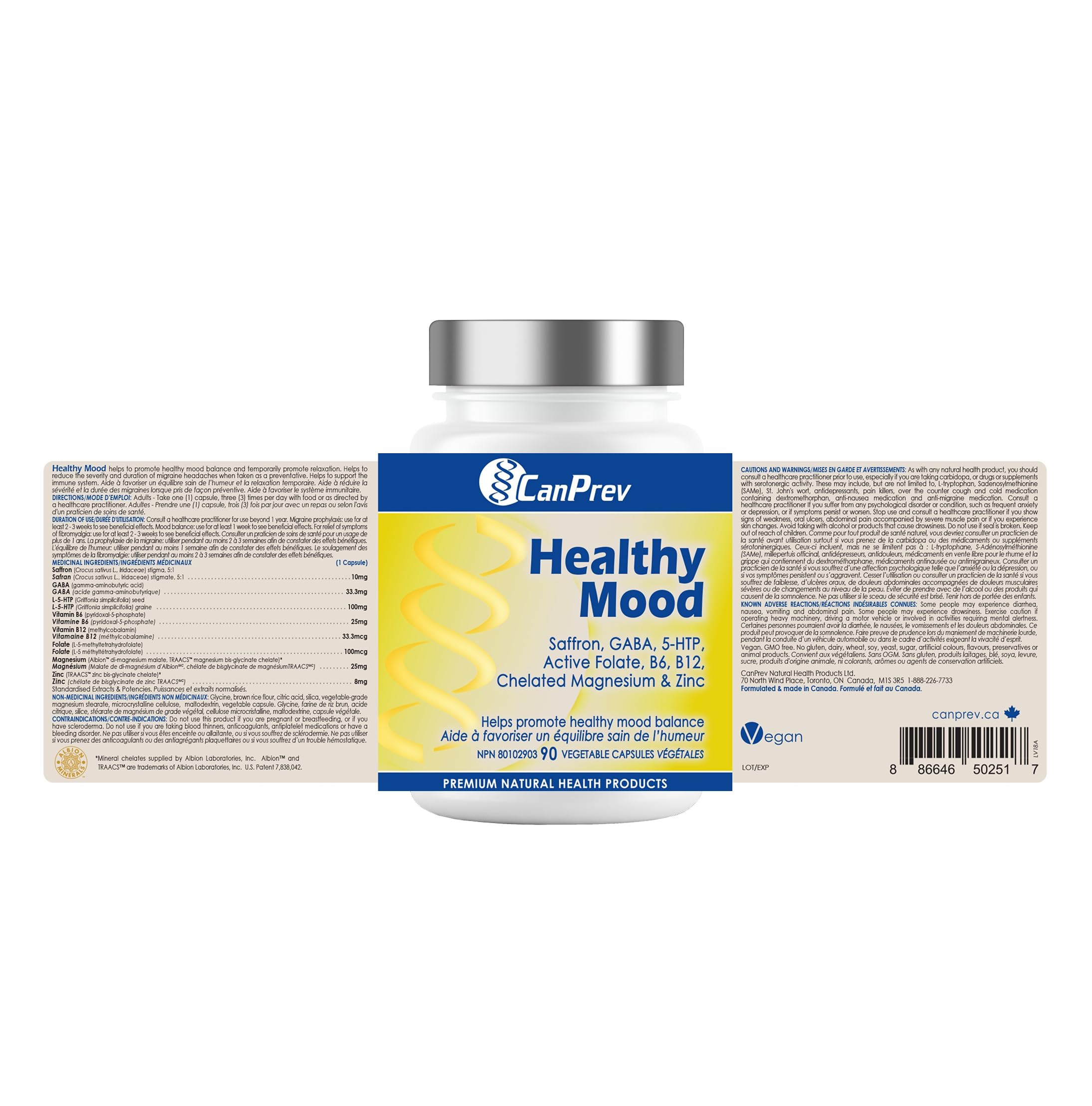 CanPrev Healthy Mood, 90 V-Caps 30-Day Supply - Saffron & 5-HTP Supplement with Vitamin B6, B12, Magnesium & Zinc Bisglycinate, Focus, Clarity, Energy Support, Restful Sleep Aid - Vegan Friendly