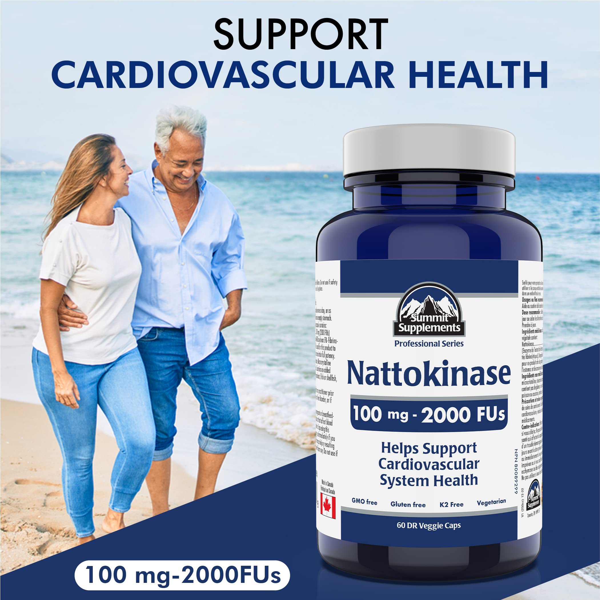 Nattokinase 100mg 2000 FU, 60 DR Vegetarian Capsules, 60-Day Supply - Supports Cardiovascular & Heart Health, Non-GMO, Gluten-Free - Promotes Circulation & Vitality, Proudly Canadian, Plastic Negative