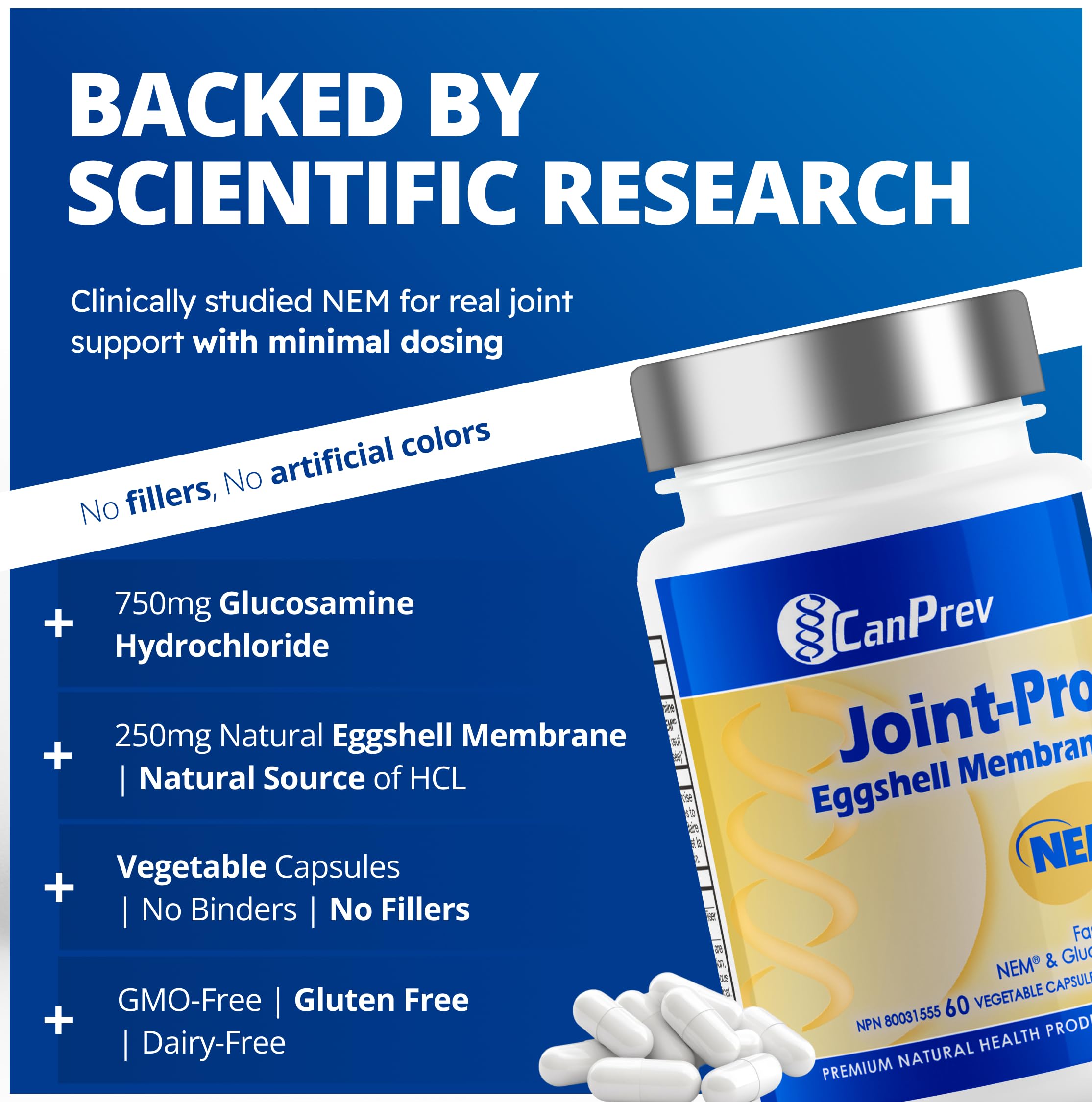 CanPrev Joint-Pro NEM Natural Eggshell Membrane, 60 V-Caps 30 Days Supply - NEM Supplement for Joint Comfort, Flexibility and Improve Recovery - Promotes Cartilage Function - Encourages Easy Movement