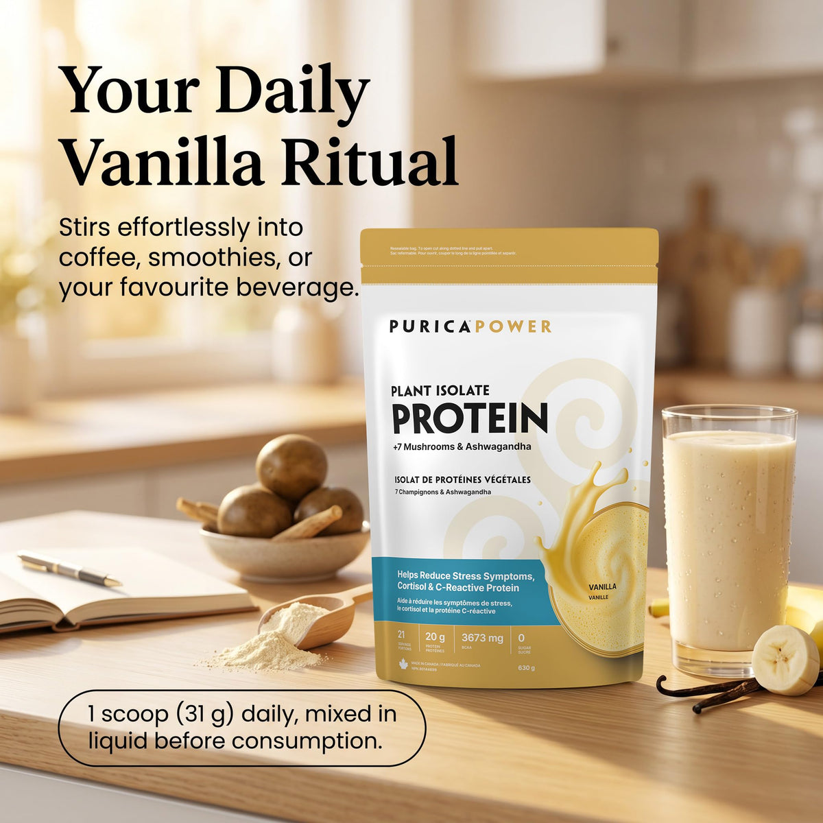 PURICA Vanilla Protein Powder, 7 Mushroom Blend, Pea & Rice Protein, 630 g
