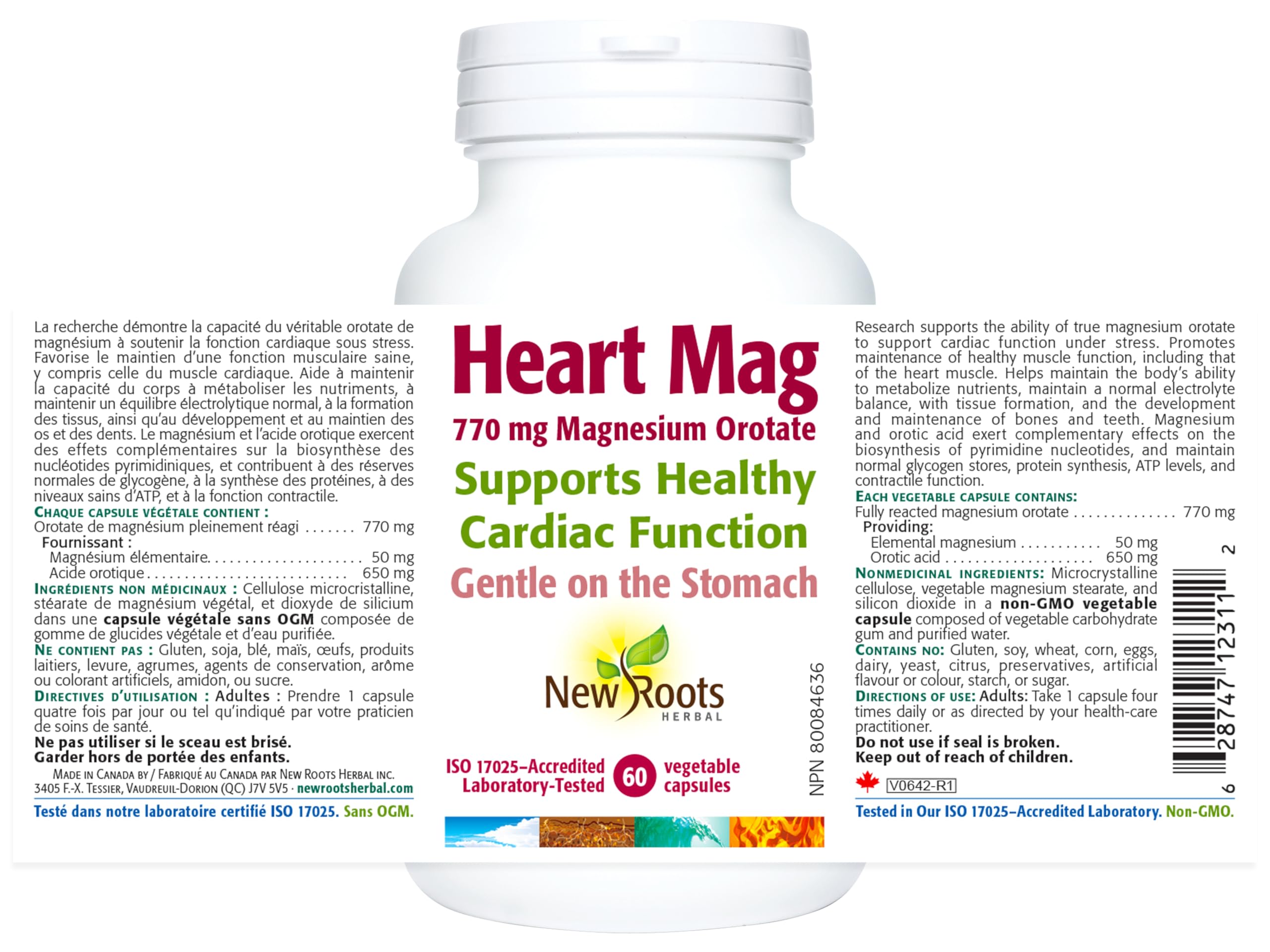 New Roots Herbal - Heart Mag, 60 capsules - Orotate de magnésium 770 mg pour la fonction cardiaque, favorise le maintien d'une fonction musculaire saine, l'équilibre électrolytique, la santé des os et des dents.