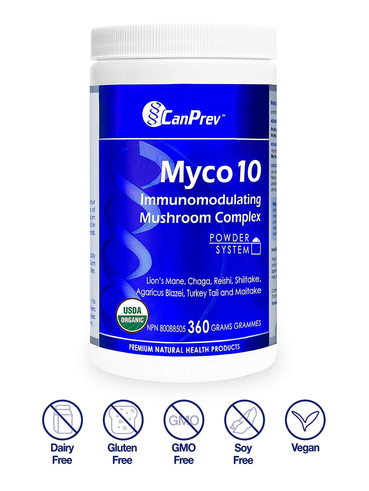 CanPrev Myco10 Organic 7 Mushroom Powder, Lion's Mane, 360g, 100 Day Supply