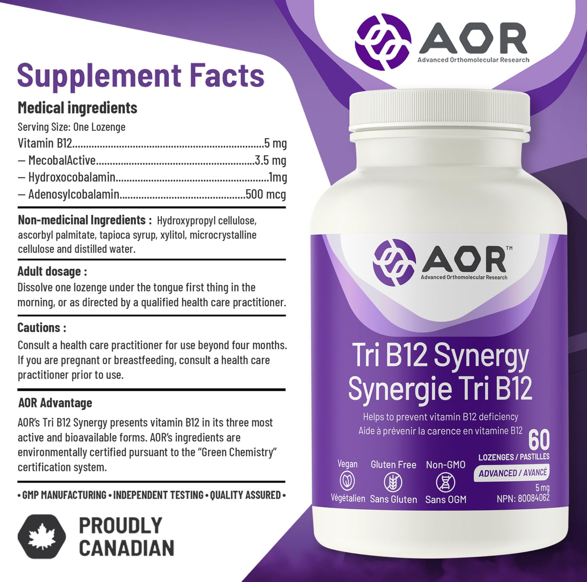 AOR Tri B12 Lozenges, Vitamin B12, Sublingual, 60 Day Supply