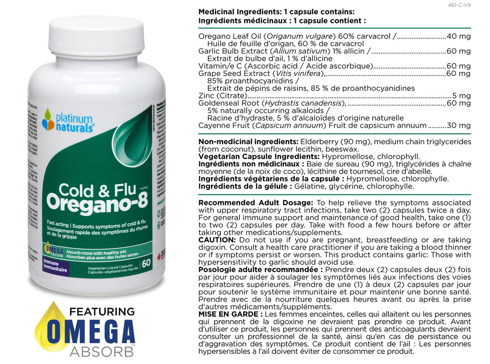 Platinum Naturals Oregano-8 Soutien contre le rhume et la grippe - avec vitamine C (acide ascorbique), ail, pépins de raisin et hydraste - Mélange d'huile d'origan biologique - Supplément pour le cholestérol et antioxydant
